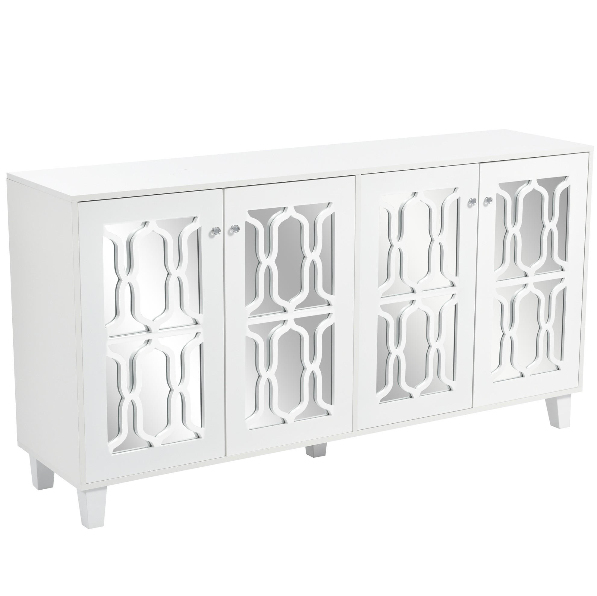 IN Weiß Kommode mit Kristallgriffen, 4 Türen und verstellbaren Einlegeböden für Wohn- und Esszimmer, B160/T40/H84cm - Weiß, Glas/Holzwerkstoff (160/84/40cm) - STILVORA