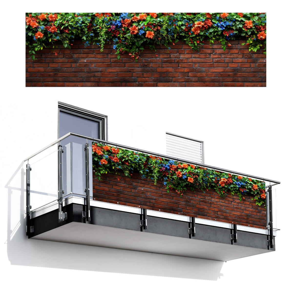 BALKON-SICHTSCHUTZ Blumen - Wand - Grün - Orange - Rotbraun, Kunststoff (300/90cm) - MuchoWow