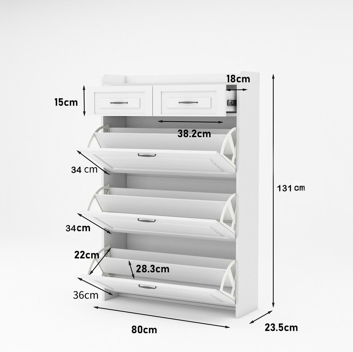 SCHUHSCHRANK 80/131/23,5 cm Weiß aus Spanplatte mit 3 Klappen und 2 Schubladen - Weiß, Holzwerkstoff (80/131/23.5cm) - OKMYHOME
