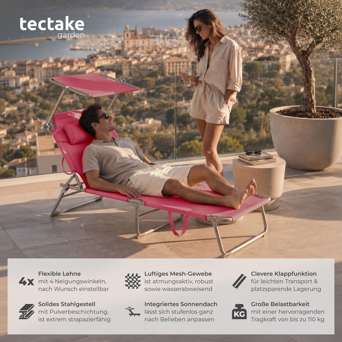 SONNENLIEGE Chloé, 190 x 68 x 111 cm, mit Seitentasche, pink - Pink, Kunststoff (68/65/190cm) - tectake