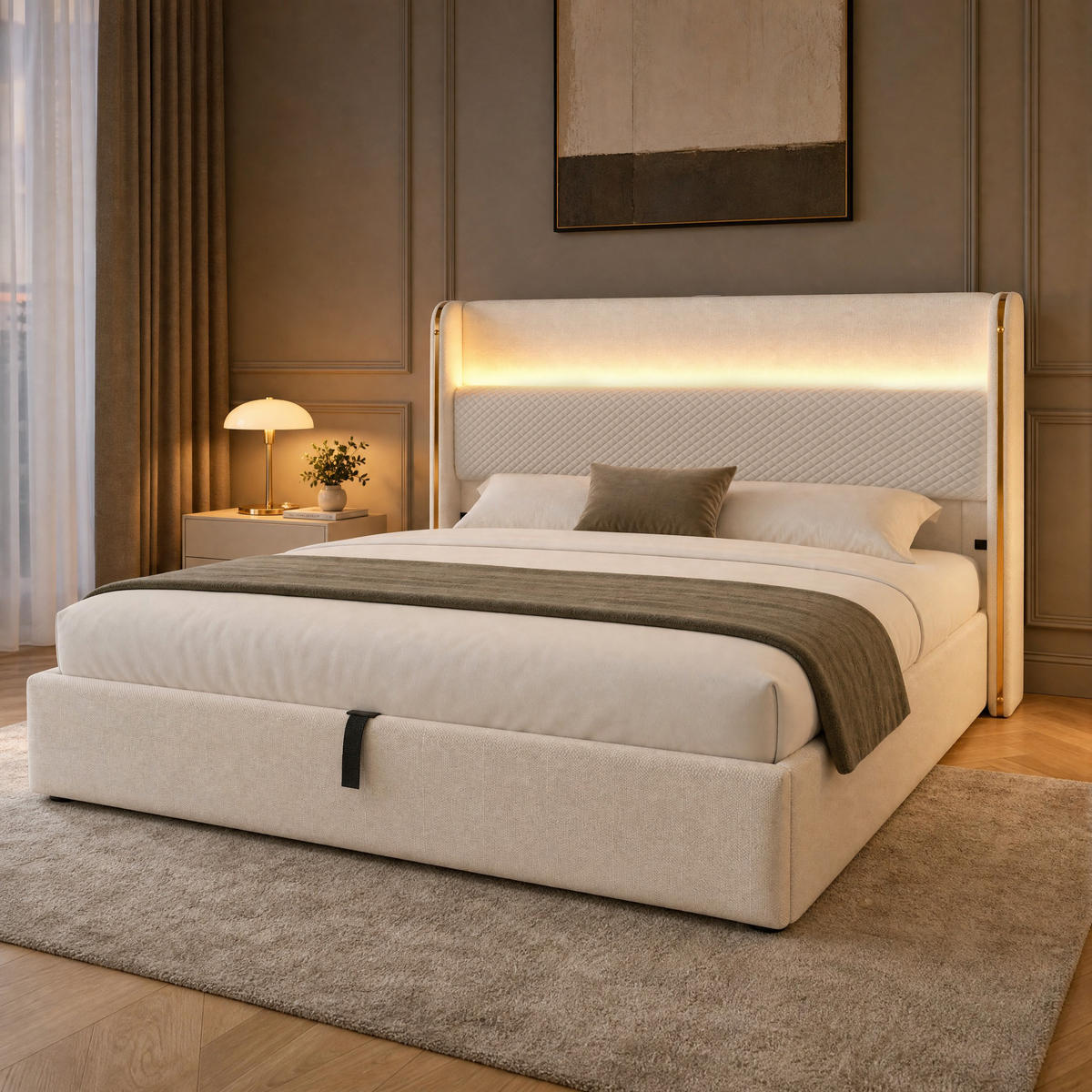 POLSTERBETT 180/200 mit Bettkasten, LED und USB & Type-C in Beige - Beige, Holzwerkstoff/Textil (180/200cm) - EVRYAE