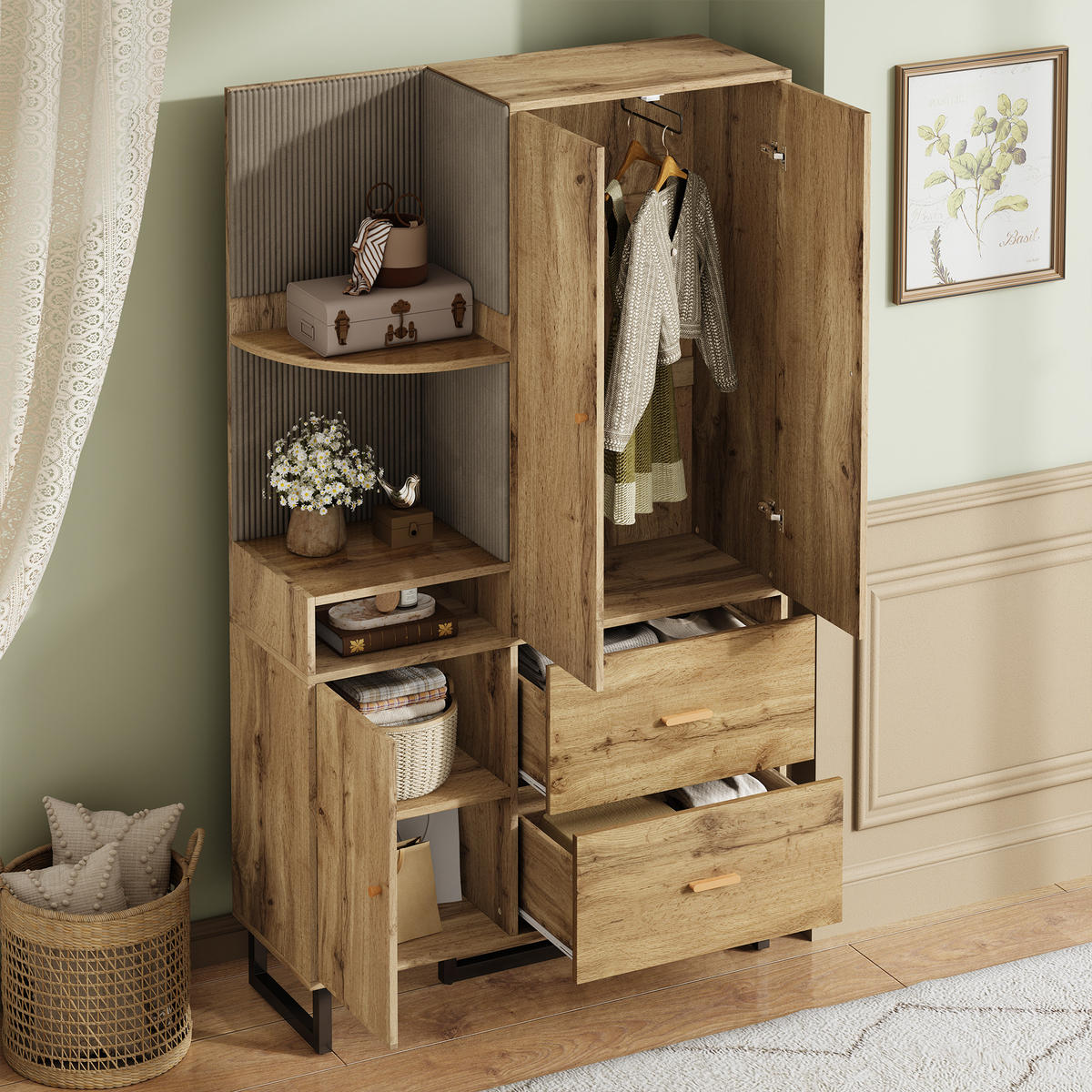 GARDEROBENSCHRANK in Naturfarben Garderobenschrank mit Schuhschrank und Schubladen für Flur, B110/T38/H186 cm - Schwarz/Naturfarben, Holzwerkstoff/Metall (110/186/38cm) - STILVORA