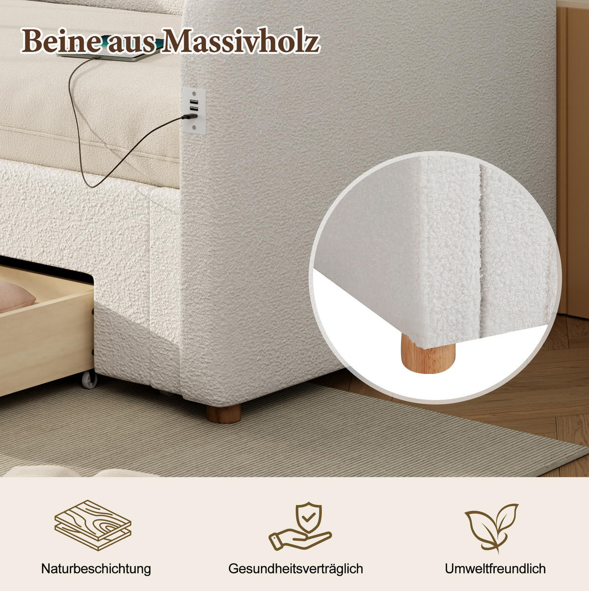 POLSTERBETT 90/200 cm beige aus Bouclé mit Ausziehfunktion, 2 Schubladen und USB - Beige, Holzwerkstoff (90/200cm) - OKWISH