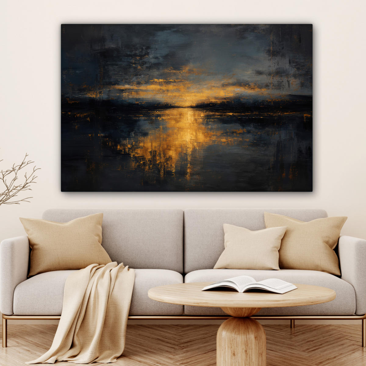 LEINWANDBILD Goldene Reflexion auf dem Wasser Groß 140x90 cm - Anthrazit, Textil (140/90cm) - MuchoWow