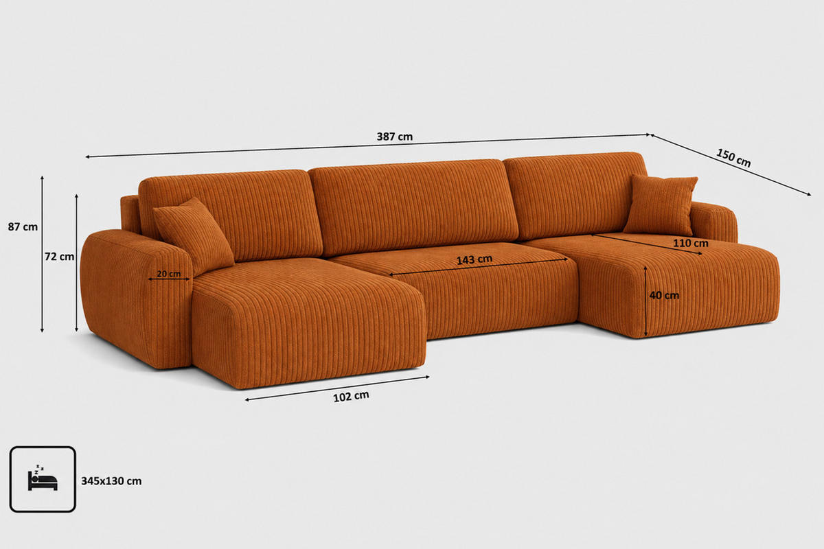 ECKSOFA Mit Schlaffunktion Und Bettkasten U-Form Ariel U XL, Cordstoff Poso, Kupfer - Orange, Holz (387/142cm) - Kaiser Möbel