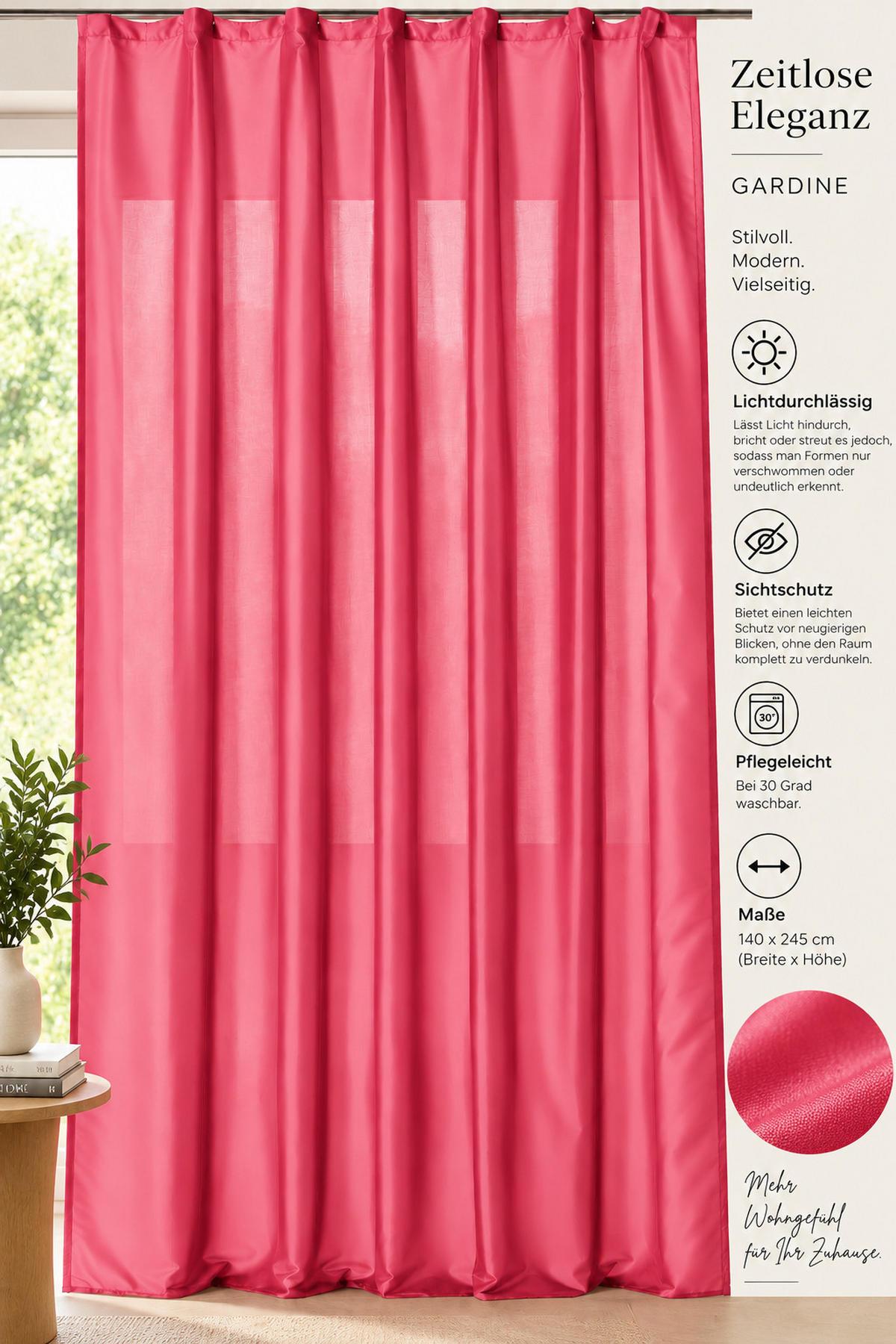 VORHANG Kräuselband 140/245 cm Rosa Wildseiden Optik - Rosa, Textil (140/245cm) - TiborTex