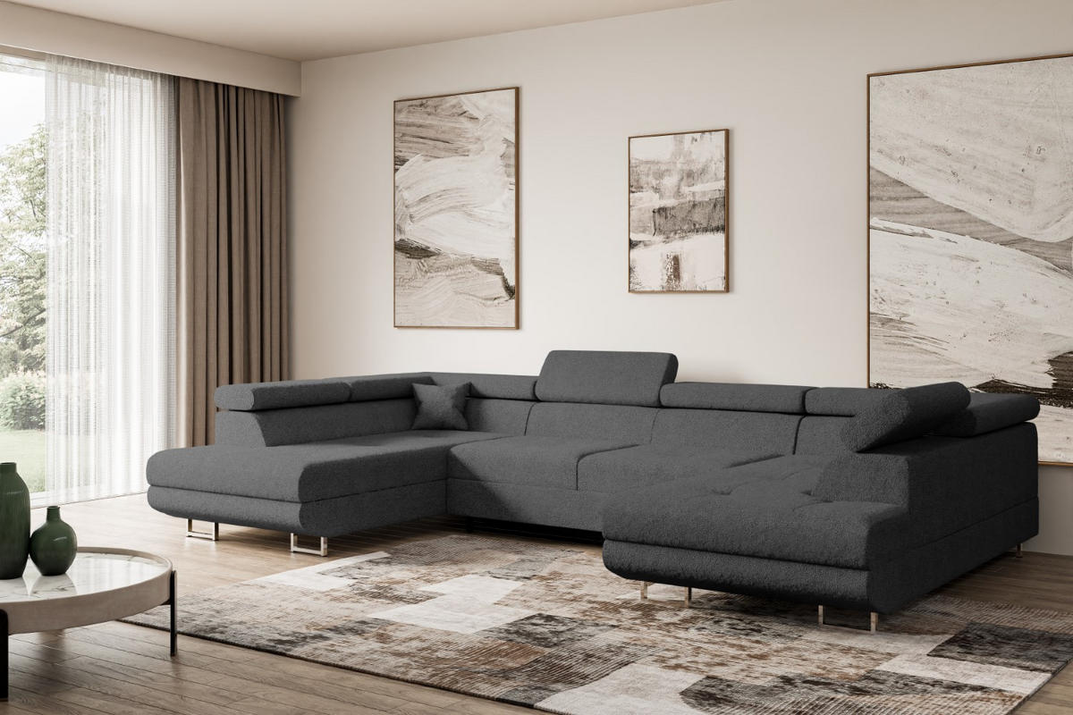 WOHNLANDSCHAFT mit Schlaffunktion und Bettkasten GUSA-U 342x202x107 cm Grau Bouclé - Silberfarben/Grau, Holzwerkstoff/Textil (342/107/202cm) - ALTDECOR