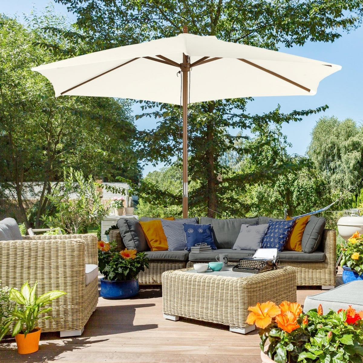 SONNENSCHIRM Ø2,5 m Bambus weiß - Weiß, Holz (250/250cm) - LEBENLANG