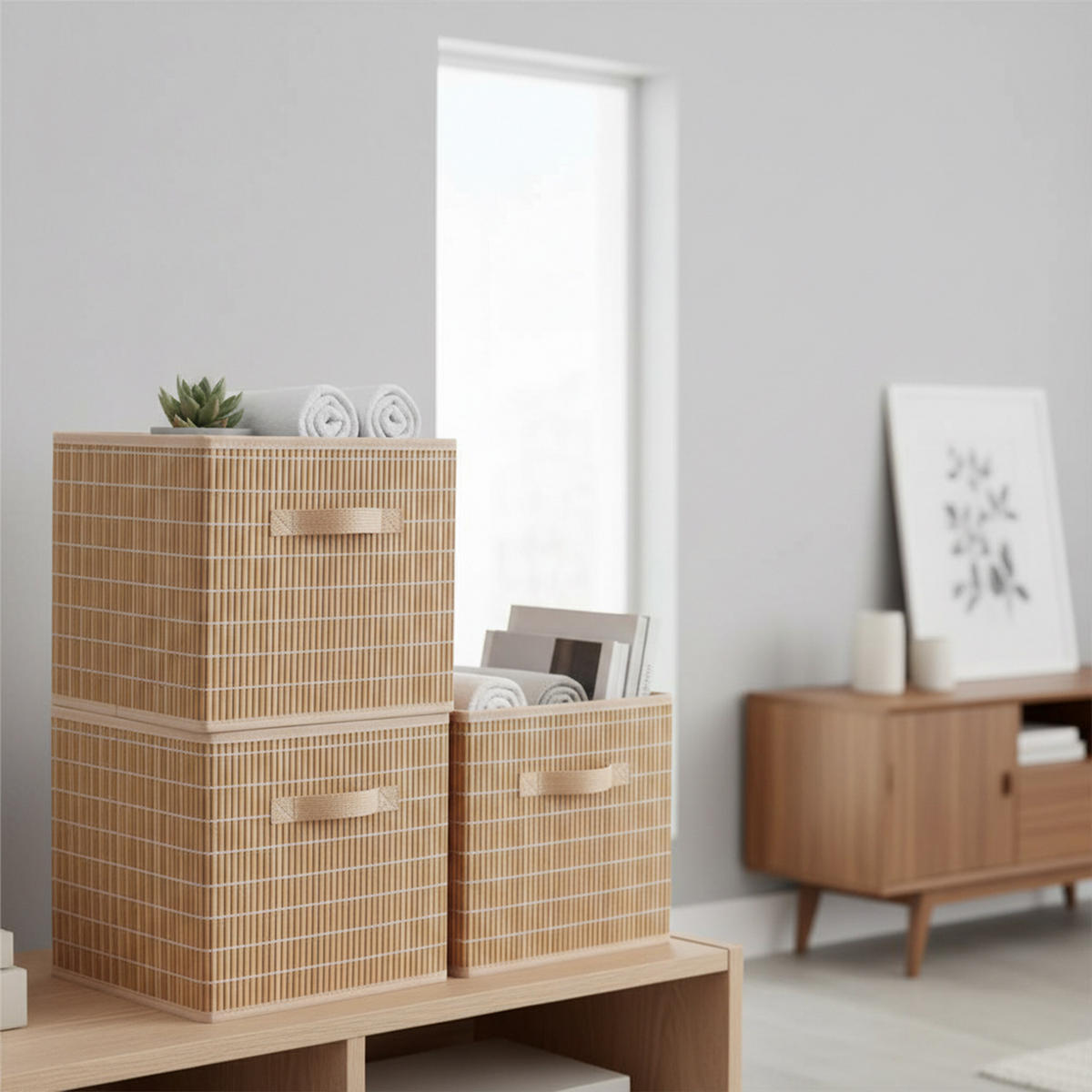 SADA košov - svetlohnedá, drevo/textil (28/28/28cm) - Relaxdays