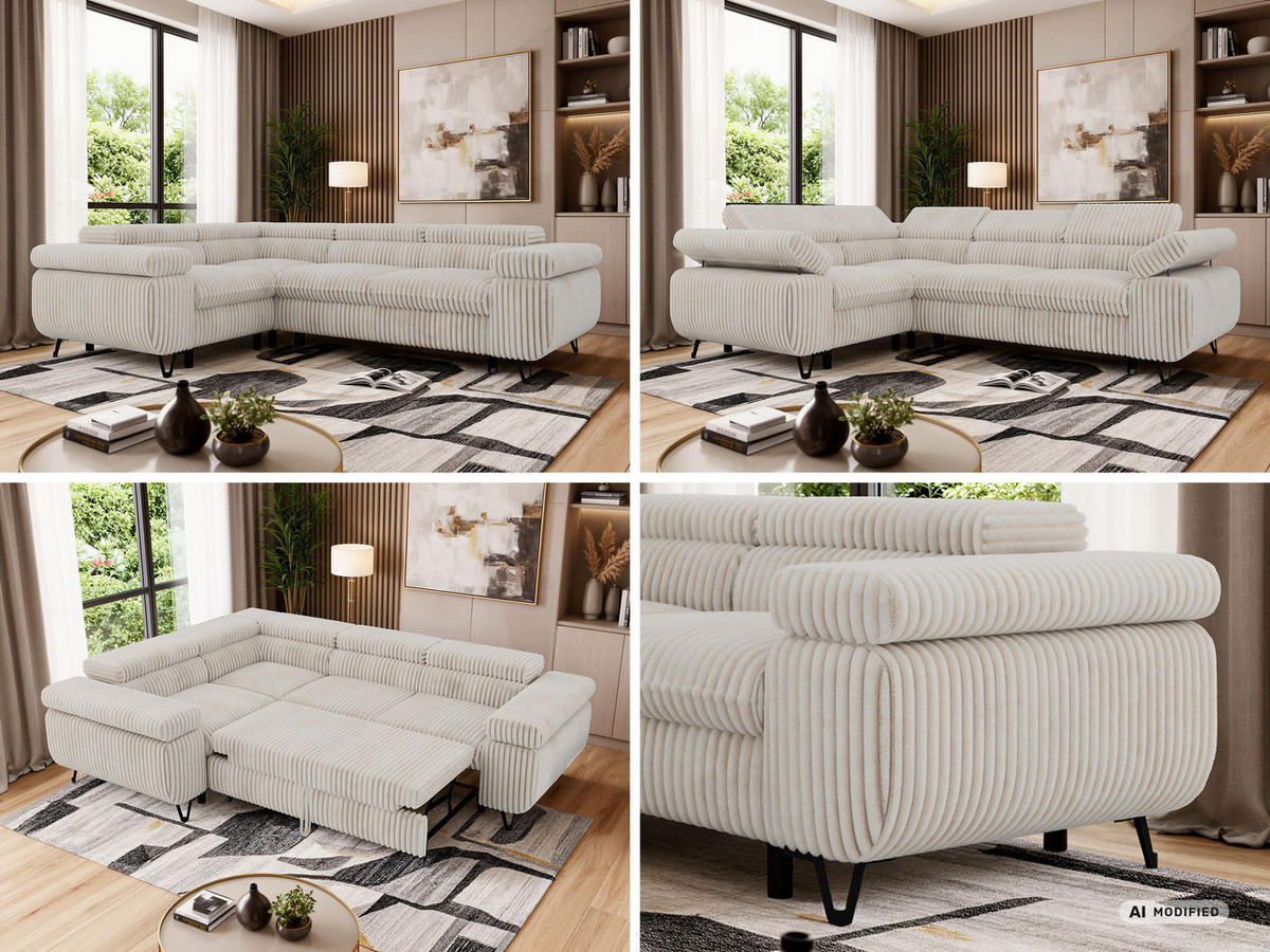 ECKSOFA FALCO L - Beige Cord - Links Seite - Beige/Creme, Textil/Metall (197/268cm) - MKS
