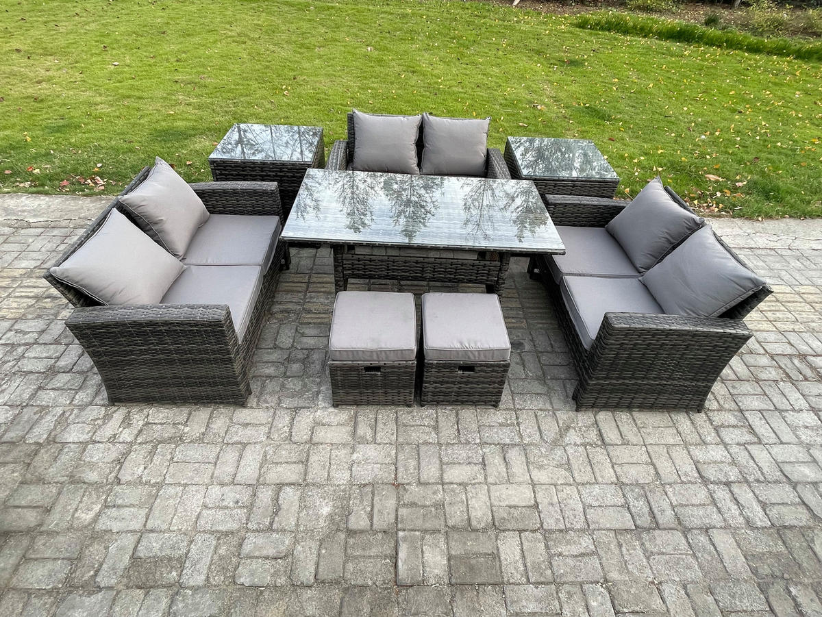 GARTENMÖBELSET mit Zweisitzer,2 kleine Fußhocker,Esstisch,2 Beistelltischen Polyrattan Dunkelgrau 8-Sitzer - Dunkelgrau/Grau, Glas/Kunststoff - Fimous