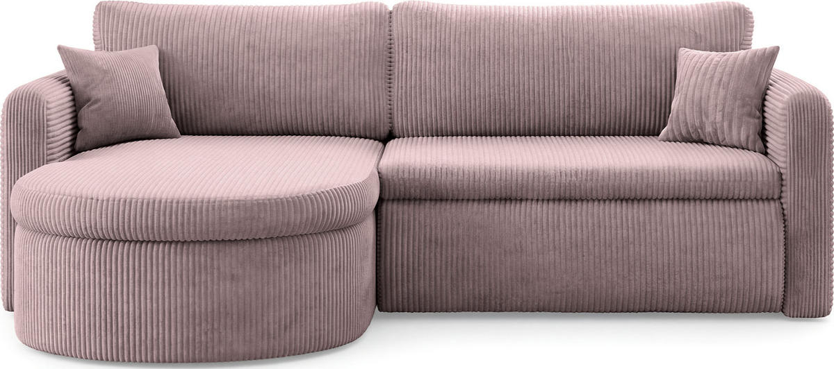 ECKSOFA Cora mit Schlaffunktion & Stauraum, Universell Rechts/Links, Rosa Cord Chenille 260/82/160 cm - Schwarz/Rosa, Kunststoff/Textil (250/160cm) - WFL GROUP