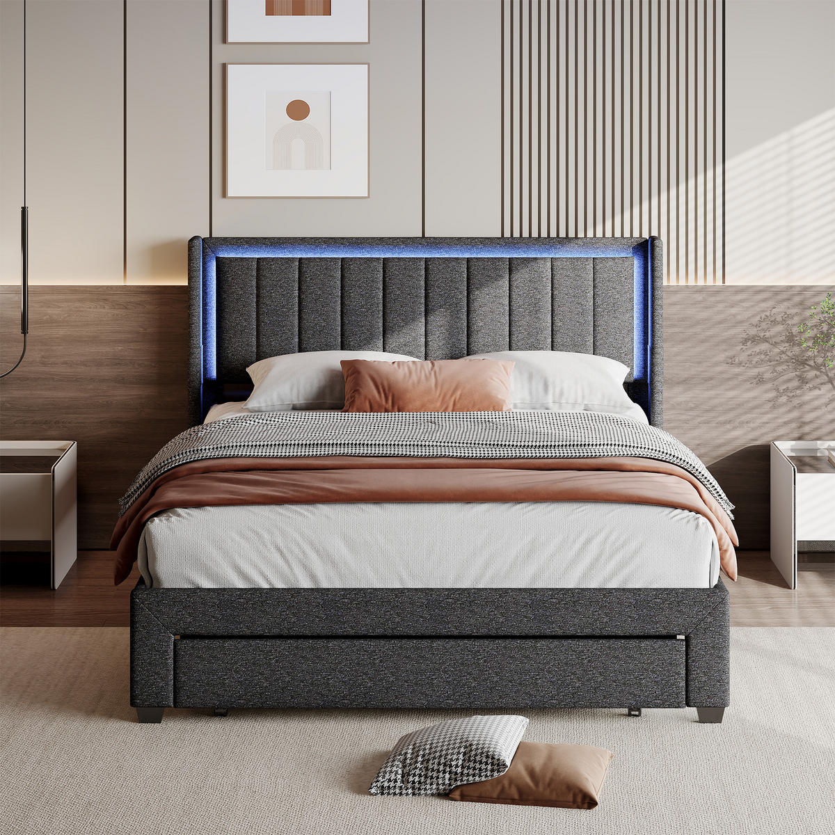 POLSTERBETT 180x200 cm LED 2 USB Stauraum Lattenrost grau - Grau, Holz (180/200cm) - LEBENLANG