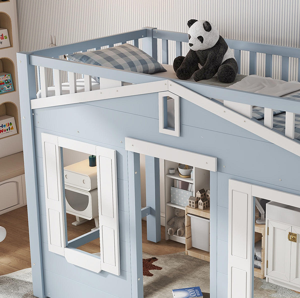 HOCHBETT 90/200 cm in Weiß und Blau mit flexibler Treppe und Fenstergestaltung - Blau, Holzwerkstoff (90/200cm) - Flora Grace