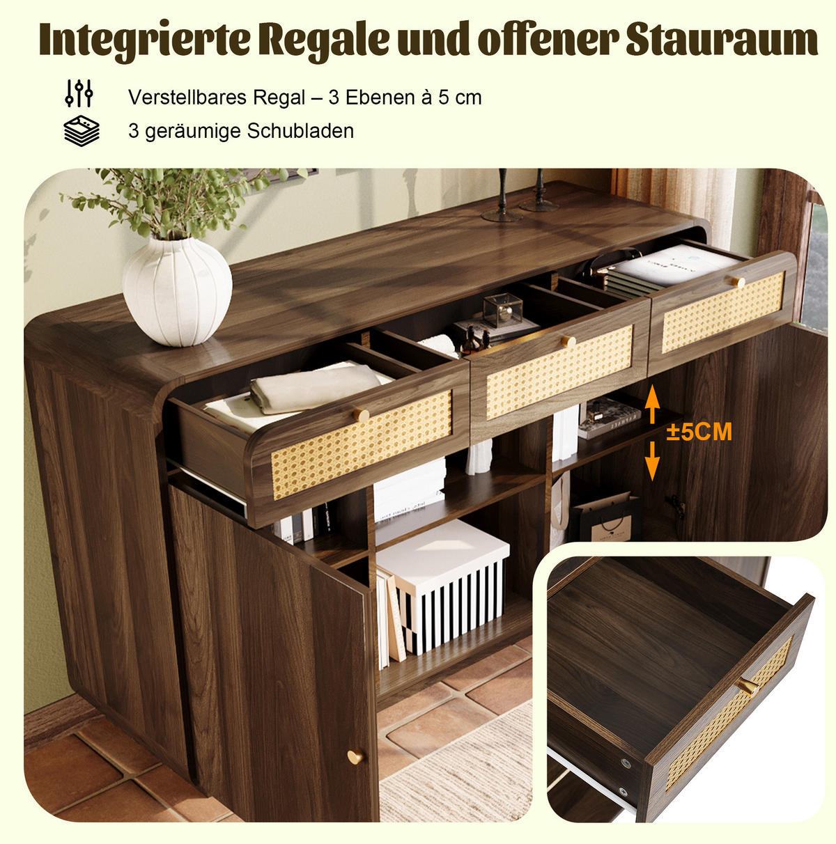 SIDEBOARD 120/40/85 cm Nussbaum aus MDF mit Rattanfronten und 3 Schubladen - Walnussfarben, Holzwerkstoff (120/85/40cm) - OKWISH