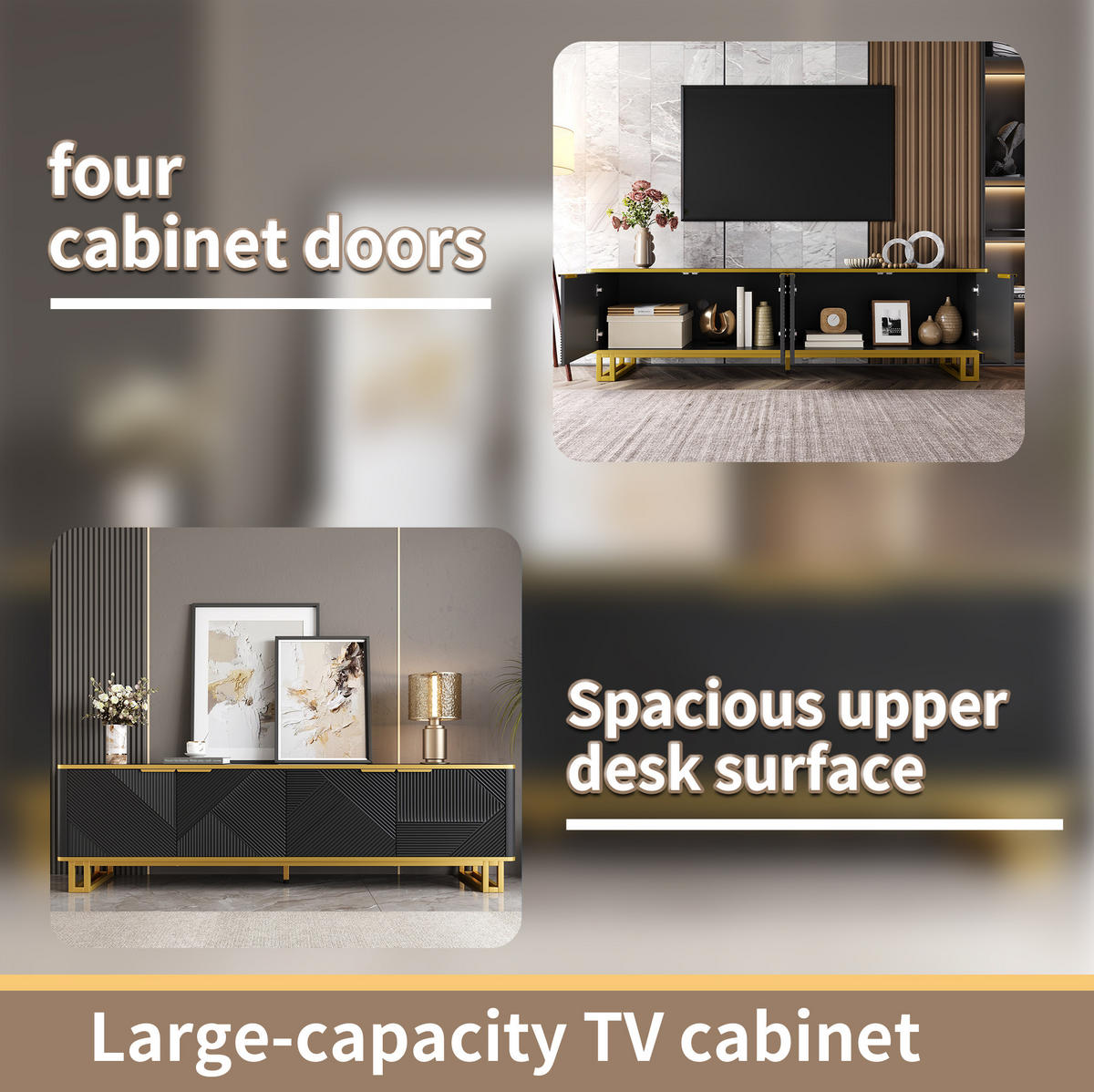 TV-SCHRANK Lowboard 160x37x48 cm 4 Türen - Schwarz, Holz (160/48/37.5cm) - Fortuna Lai