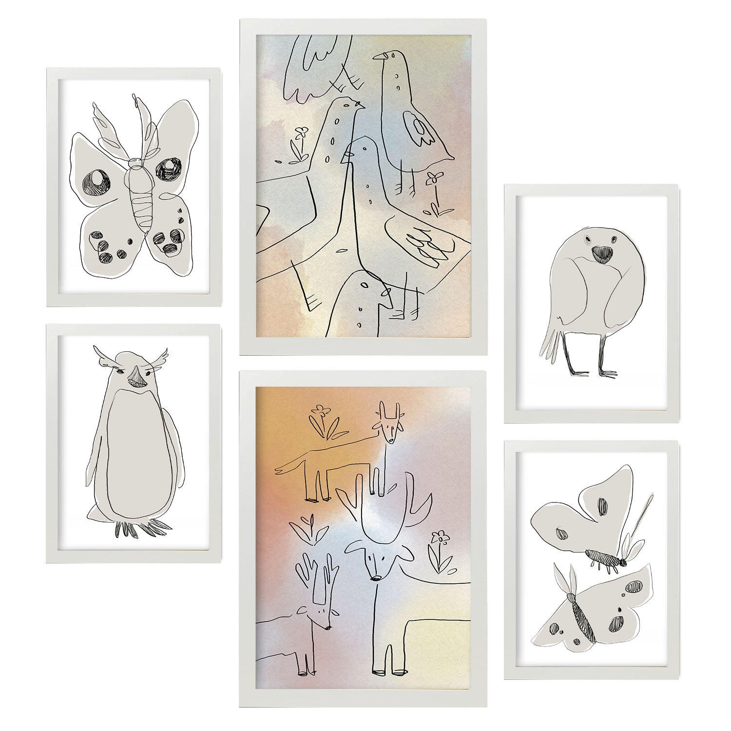 POSTER Set Mit 6 Flügel Der Liebe 2 In Tiere Zusammenfassungen A3 & A4 Weißer Rahmen - Weiß, Papier (29/3cm) - Nacnic