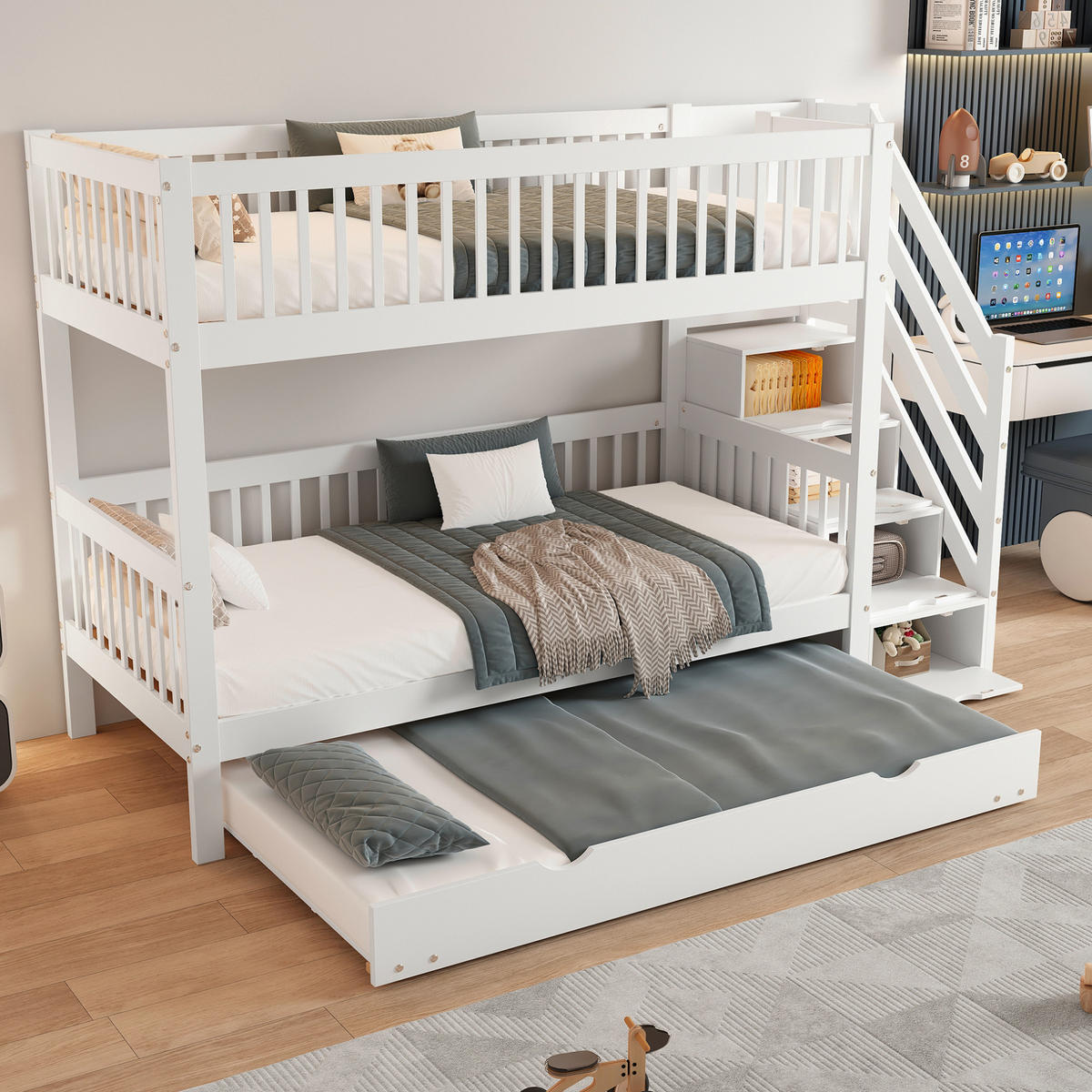POSCHODOVÁ posteľ 90/200 cm biela z borovice a MDF s výsuvným lôžkom a schodiskovou skrinkou - biela, drevo (90/200cm) - OKWISH
