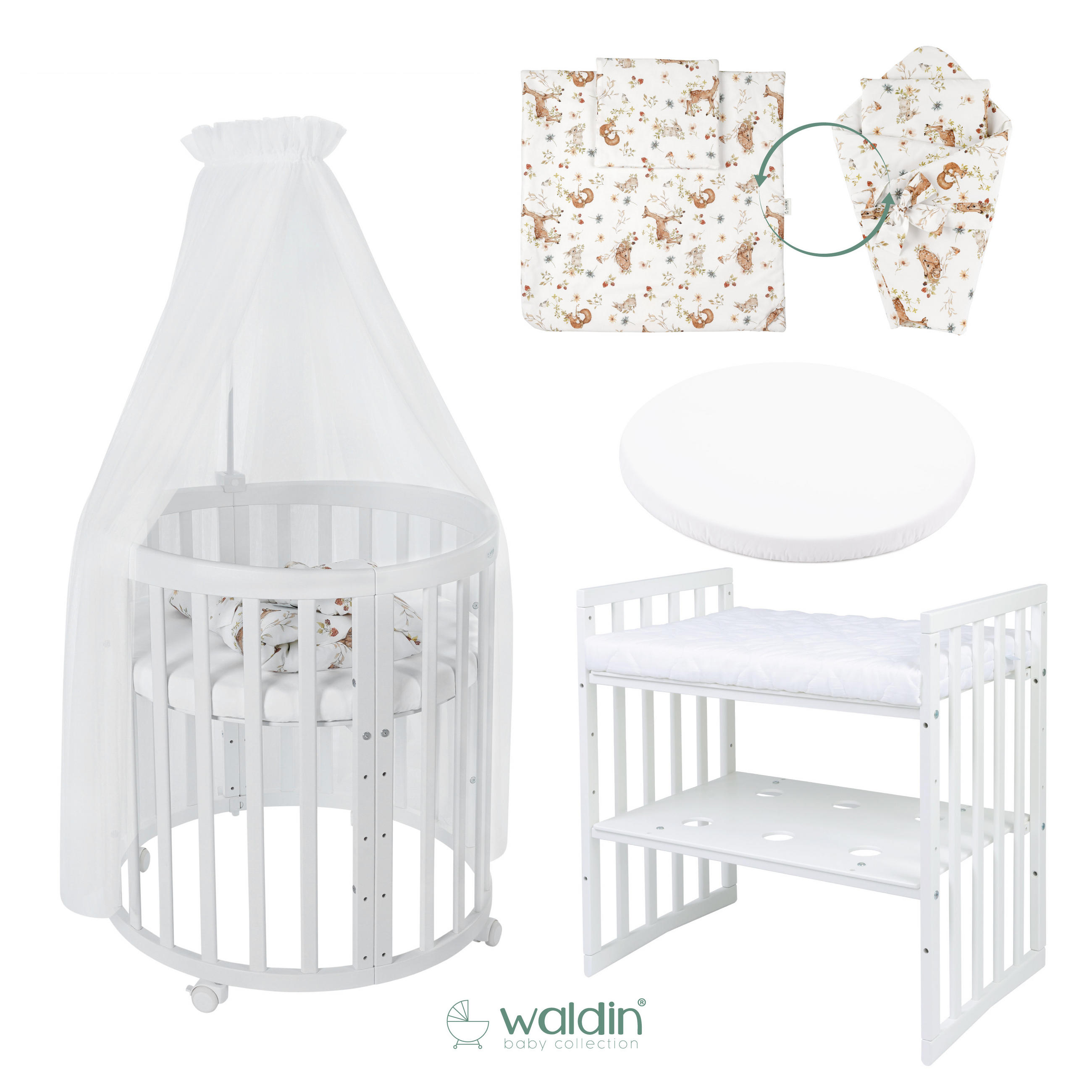 BABYBETT WHITE OVAL 7in1 mit Matratze und Himmelset - Multicolor/Naturfarben, Holz/Textil