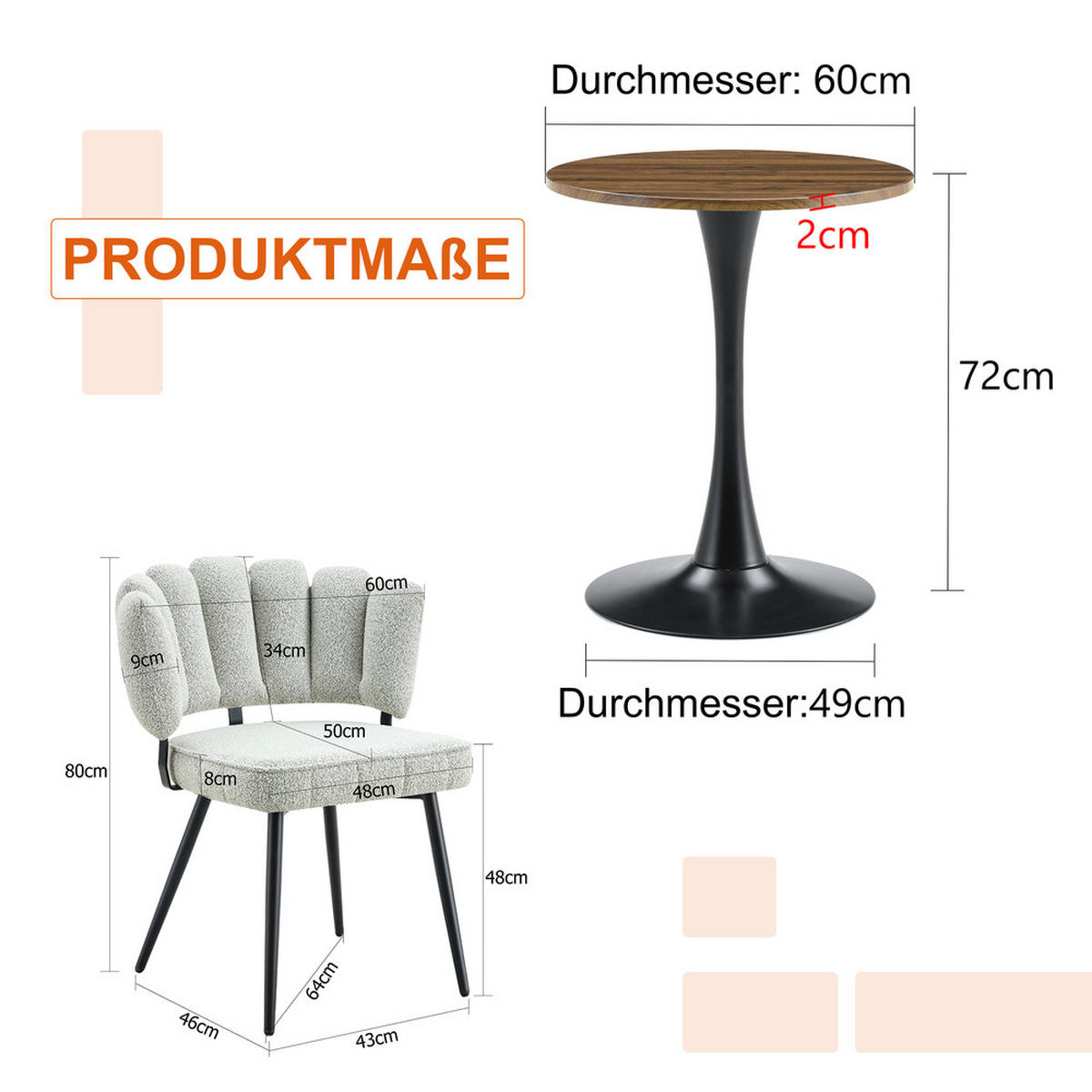TISCHGRUPPE 3-tlg Runder Esstisch 60cm Hellgrau - Grau, Metall (73.5/21.5/76cm) - Raelunyi