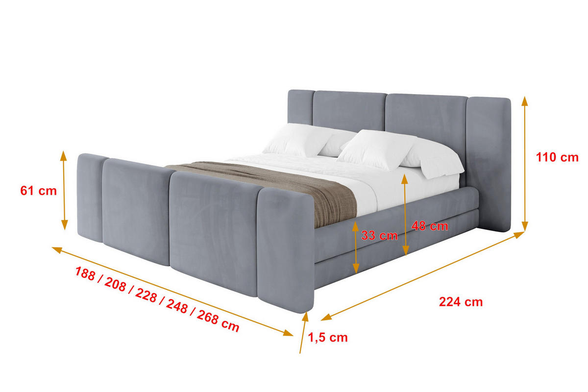 POLSTERBETT mit Bettkasten, Fußteil und Lattenrost, Bett mit Matratze H3/H4 - TEVO-Z 140x200 Grau - Grau, Holzwerkstoff/Textil (140/200cm) - ALTDECOR