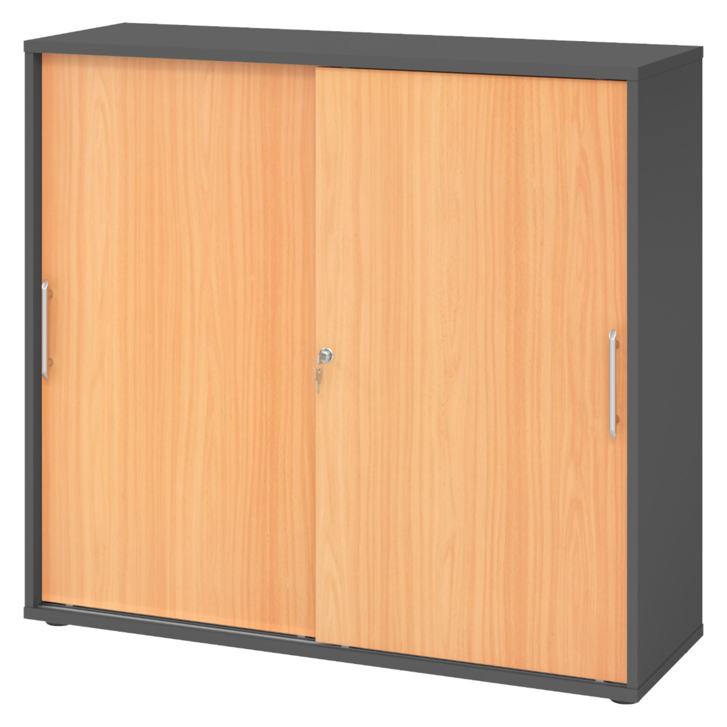 SCHIEBETÜRENSCHRANK - 3 Ordnerhöhen 40/120/110 cm in Graphitfarben/Buchefarben Relinggriff (Kunststoff) - Buchefarben/Graphitfarben, Holzwerkstoff (120/110/40cm) - bümö