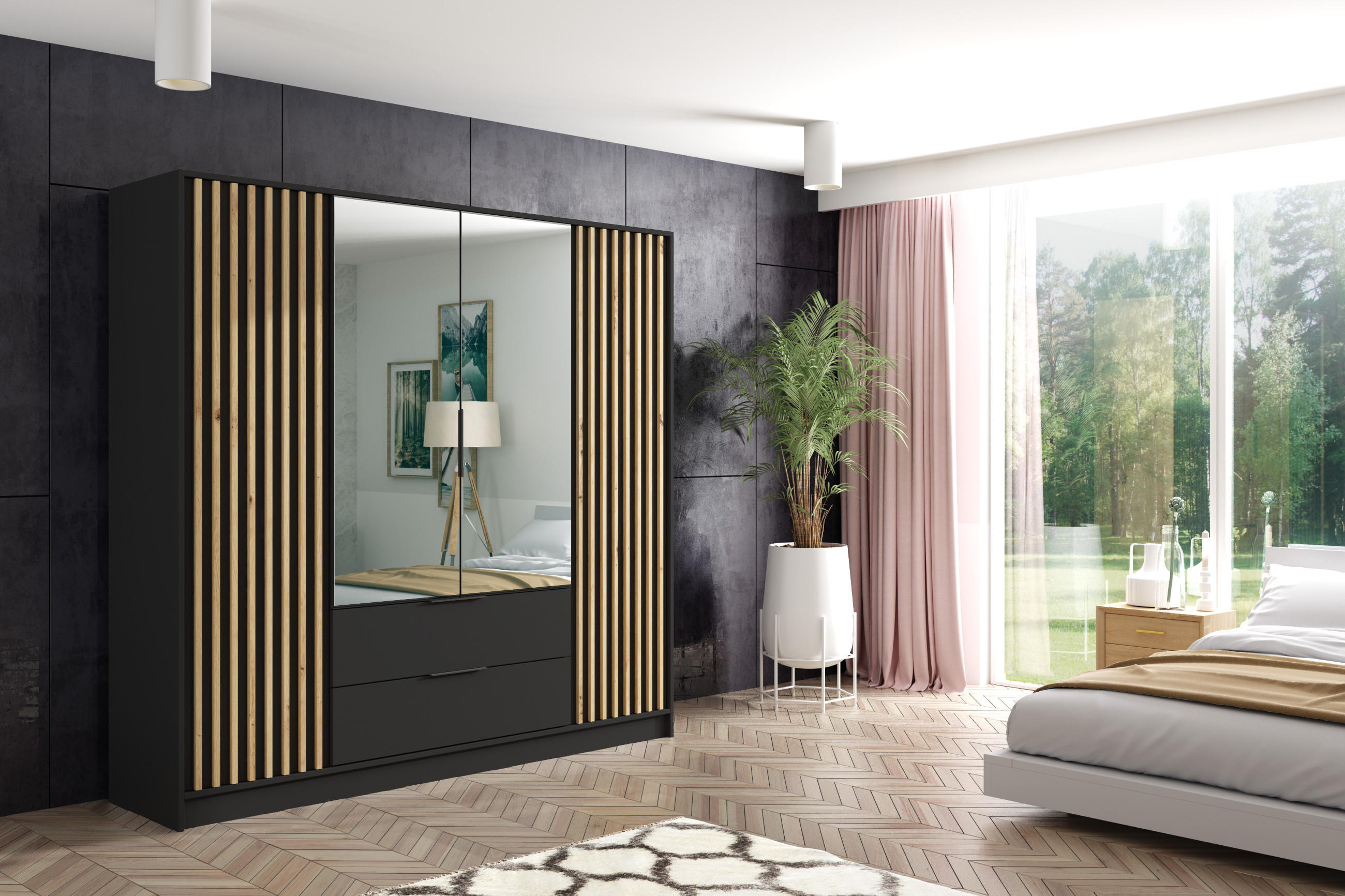 KLEIDERSCHRANK NERA - 200 cm - Schwarz|Eiche Artisan - Schwarz/Eiche Artisan, Holzwerkstoff (200/200/51cm) - ALTDECOR