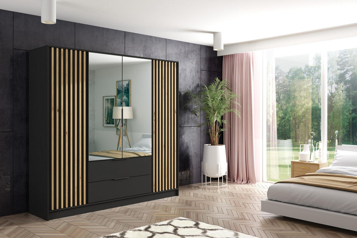 KLEIDERSCHRANK NERA - 200 cm - Schwarz|Eiche Artisan - Schwarz/Eiche Artisan, Holzwerkstoff (200/200/51cm) - ALTDECOR