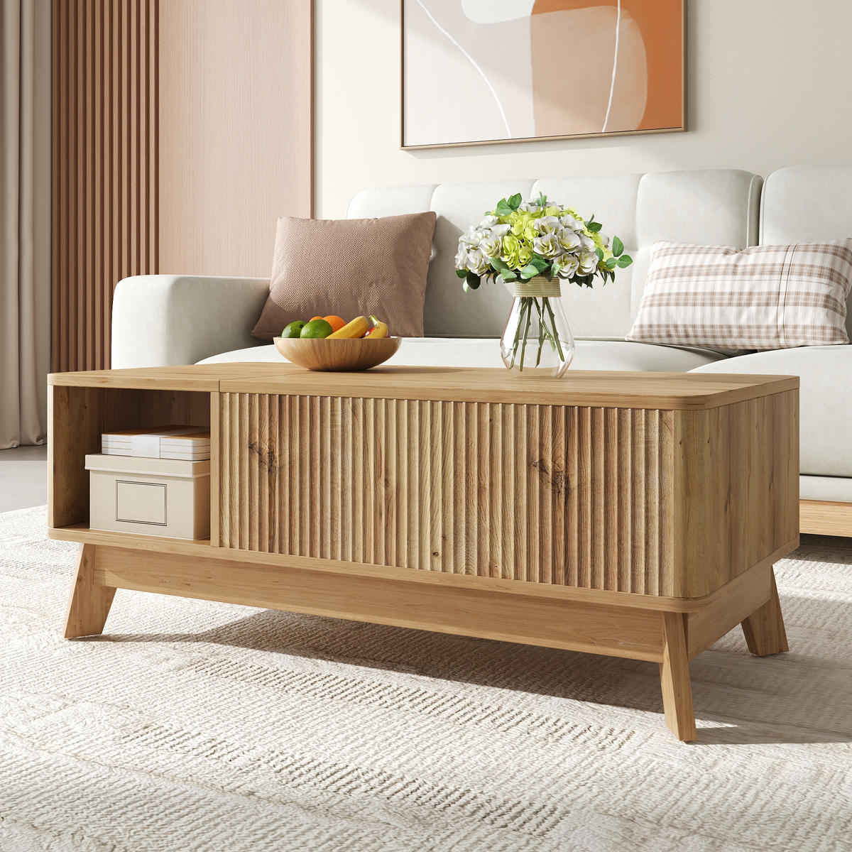 KONFERENČNÍSTOLEK Zvedací Vlnitý MDF Úložný - přírodní, kompozitní dřevo (95/48/50cm) - FLIEKS