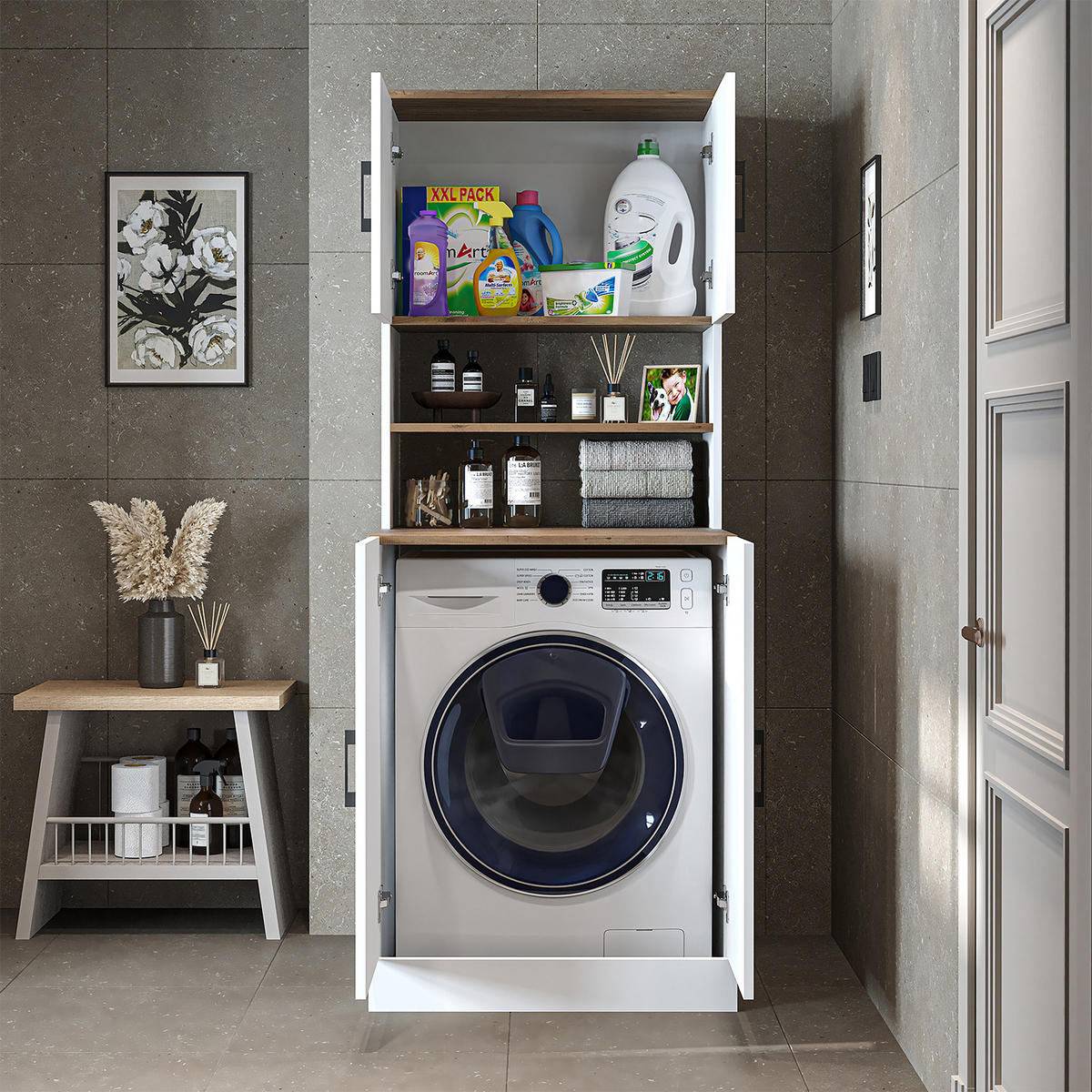 WASCHMASCHINENSCHRANK Atlantic I 70cm Breit, 180cm Hoch - Eiche Bianco, Holzwerkstoff (70/180/69cm)