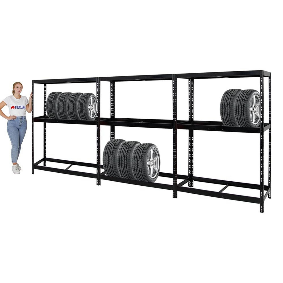 REIFENREGAL Tiger 3er-Set mit 3x 180x130x50 cm bis zu 36 Reifen mit Fachboden Schwarz - Schwarz, Metall (390/180/50cm) - PROREGAL