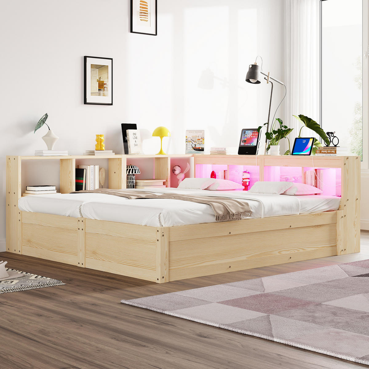 DŘEVĚNÁ postel 90/180 x 200 cm s LED osvětlením, zásuvkami a hydraulickým úložným prostorem, Přírodní barva dřeva - přírodní, kompozitní dřevo (90/200cm) - Redom