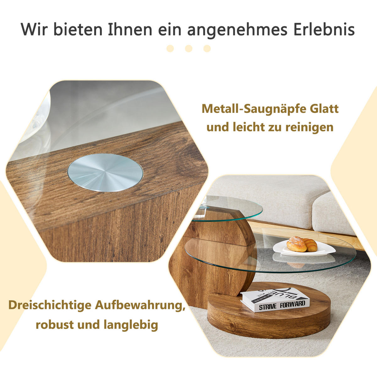 COUCHTISCH aus MDF und Glas Ø49,8 & 69,8 cm in Naturfarben mit Ablageflächen - Naturfarben, Glas (89.9/89.9/43.2cm) - Modfu