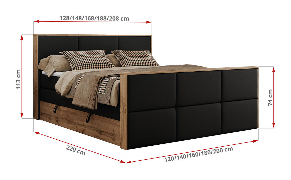 BOXSPRINGBETT ALBERO 2 KING DUO 120/200 Schwarz Kunstleder - H3 - Schwarz, Holz/Textil (120/200cm) - MKS