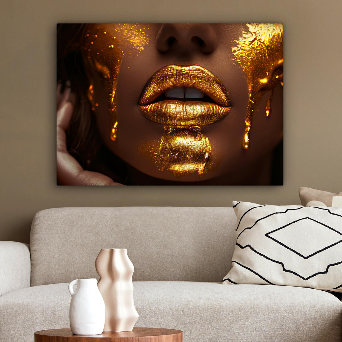 LEINWANDBILD Frau - Gold - Luxus - Porträt Wandbilder 80x60 cm - Goldfarben, Textil (80/60cm) - MuchoWow