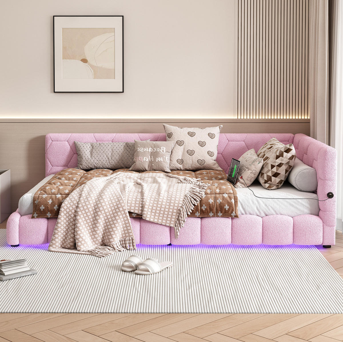 DĚTSKÁ postel 90/200 cm růžová z MDF a sametu s LED osvětlením, USB a USB-C - růžová, textil (90/200cm) - OKWISH