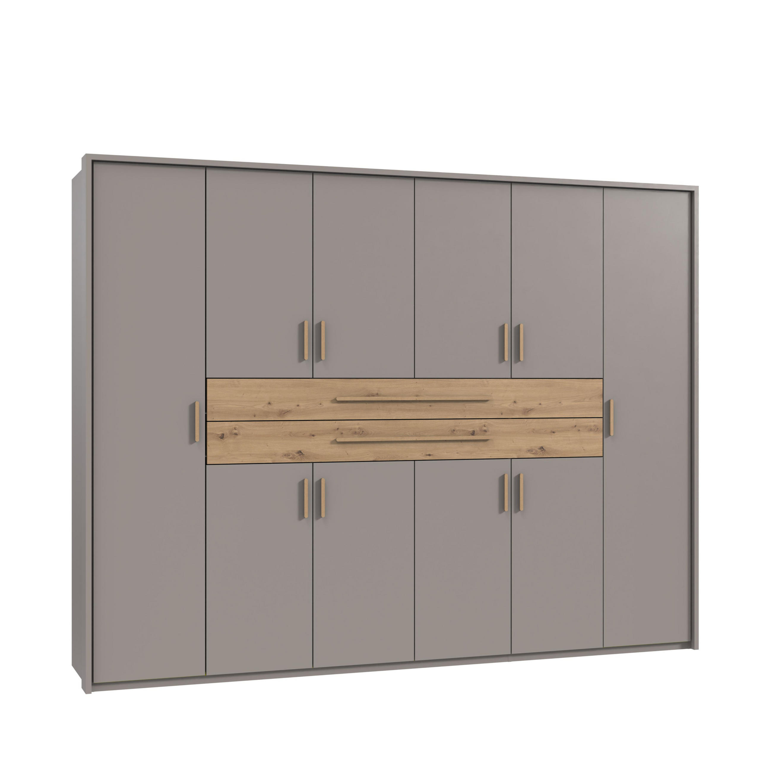 luma-home SKŘÍŇ S OTOČNÝMI DVEŘMI B273/H210/T58 cm, pískově šedá, šatní skříň se 2 velkými zásuvkami a úchytkami v dekoru dub Artisan / 22644