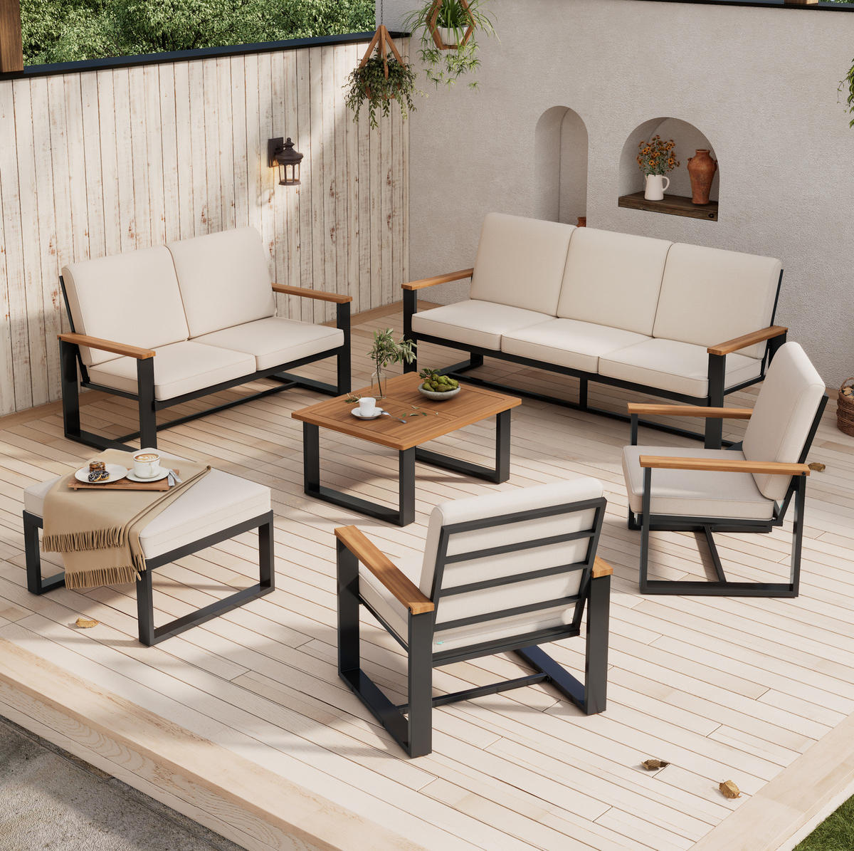 GARTENSET aus Akazie und verzinktem Stahl Beige mit 3-Sitzer, 2-Sitzer, 2 Sesseln, Couchtisch und Hocker - Beige, Metall - Modfu
