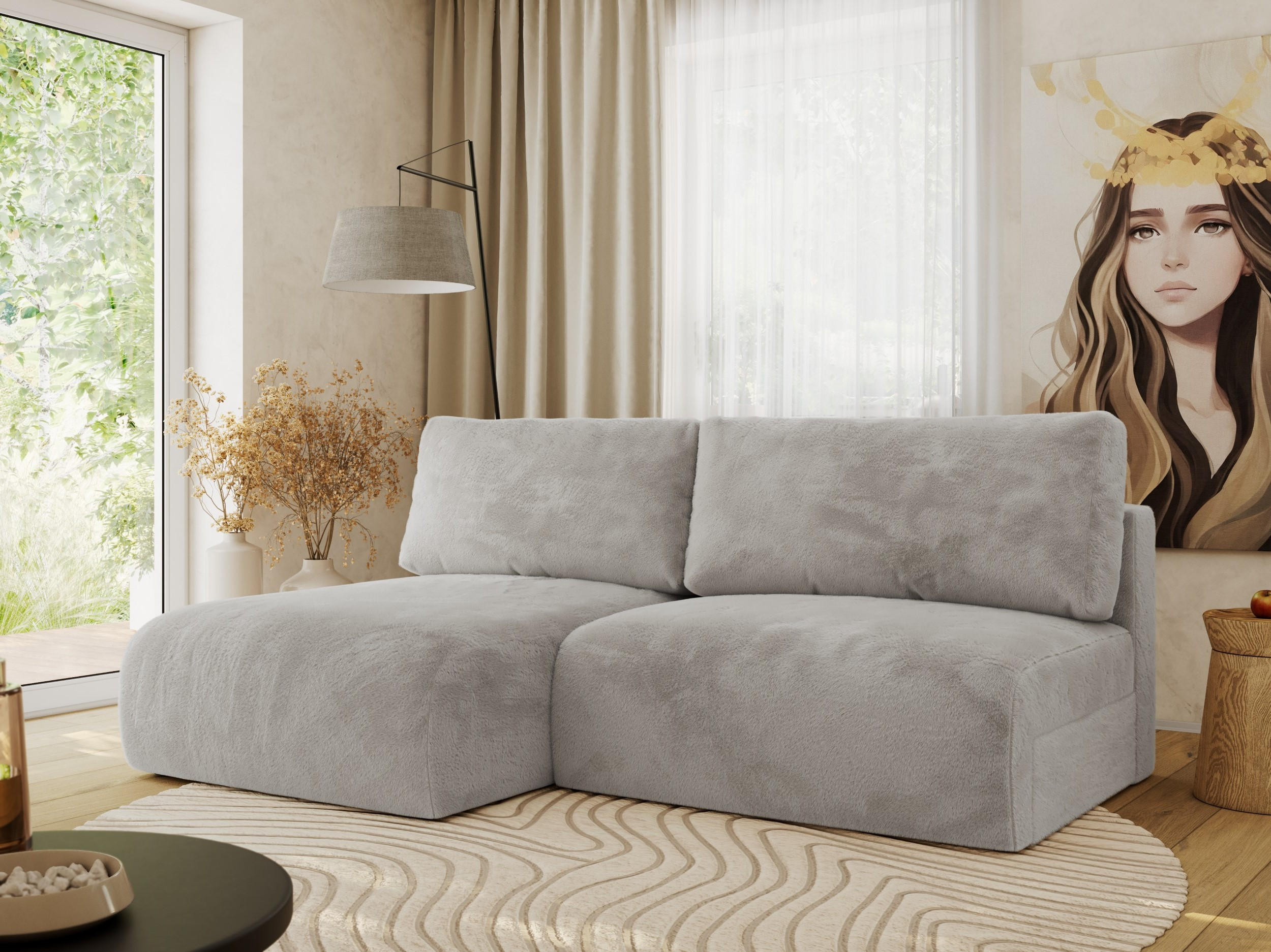 ECKSCHLAFSOFA VIVO L Hellgrau Plüsch - links - Hellgrau/Schwarz, Kunststoff/Textil (223/150cm) - MKS
