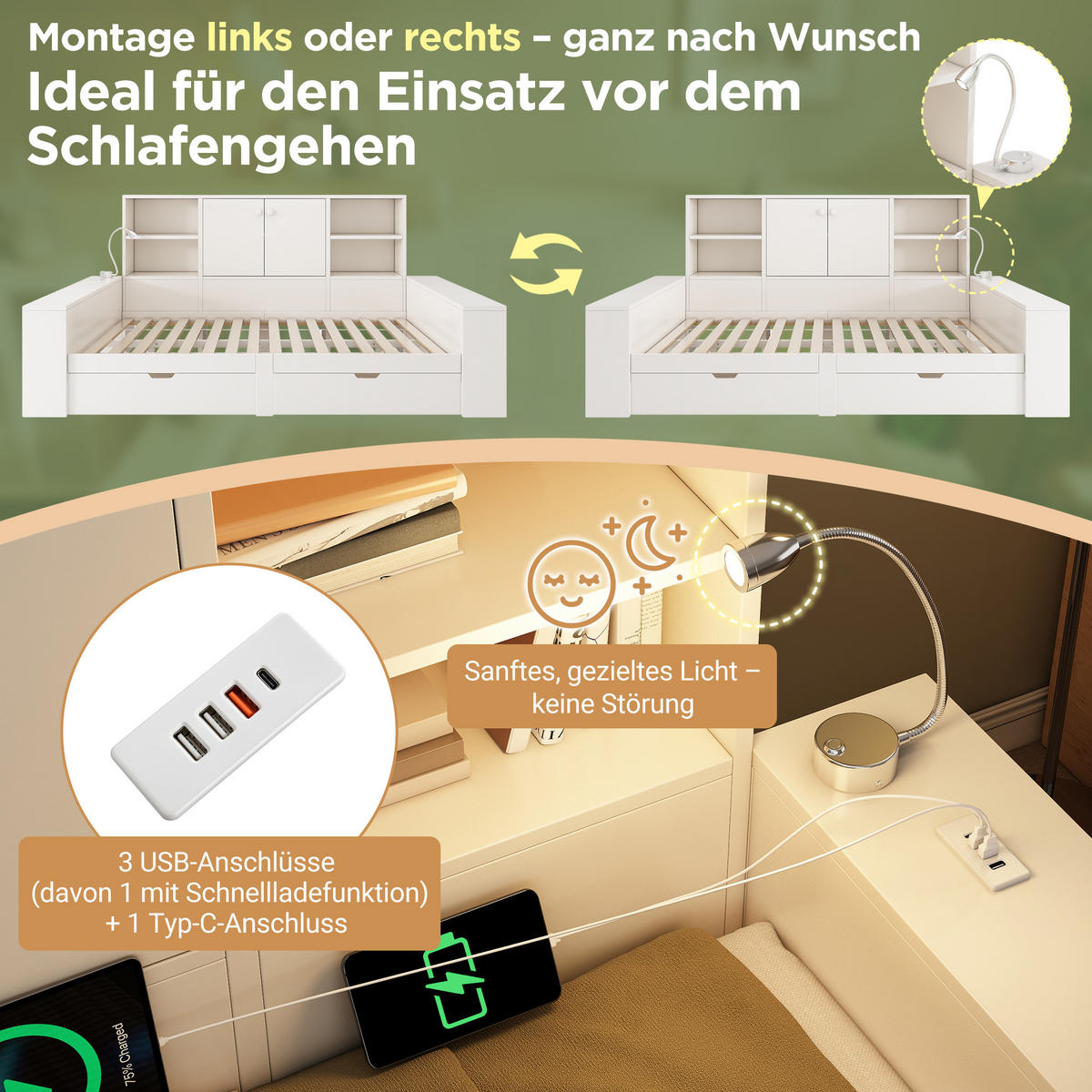 BETT 140/200 cm in Weiß mit 2 Schubladen, Stauraum, USB, Type-C und Leselampe Holz Design - Weiß, Holzwerkstoff (140/200cm) - STILVORA