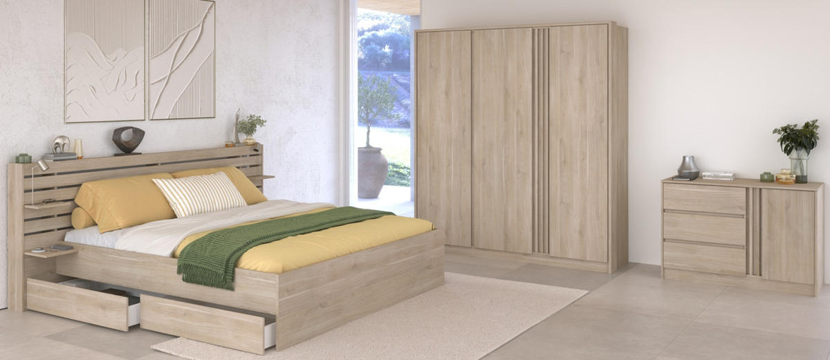 SCHLAFZIMMER-SET 3-teilig Eiche japanisch, Komplettset mit Bett 180 x 200 cm - Eichefarben, Holzwerkstoff/Metall (236/203/217cm) - Parisot Meuble