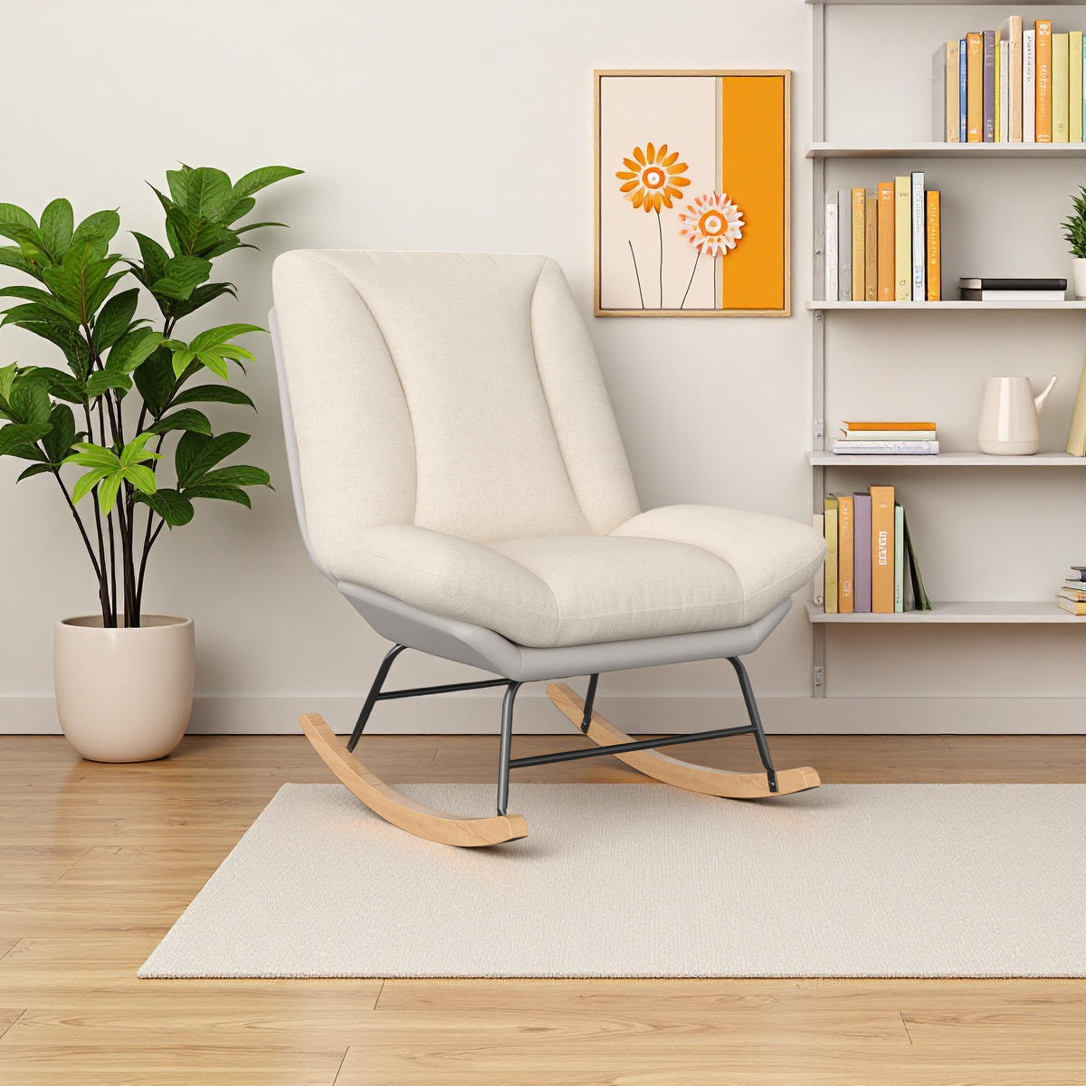 SCHAUKELSTUHL beige-grau 5-fach verstellbar kissen - Ecru, Holzwerkstoff (74/100/90.5cm) - SHOPENTRA