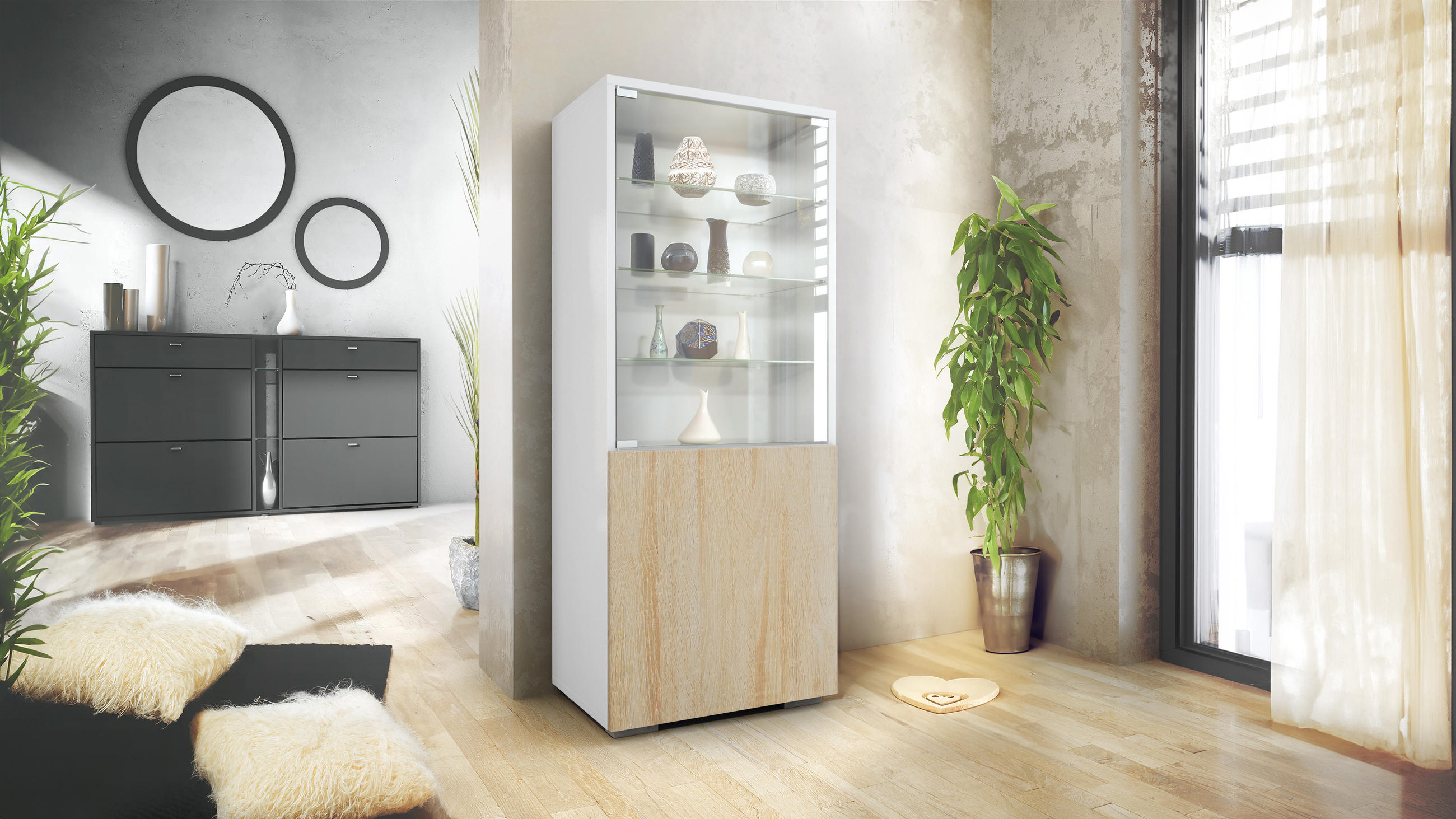 VITRINE Granada Eiche sägerau - Eiche San Remo, Holzwerkstoff (50/122.5/34.5cm) - Vladon
