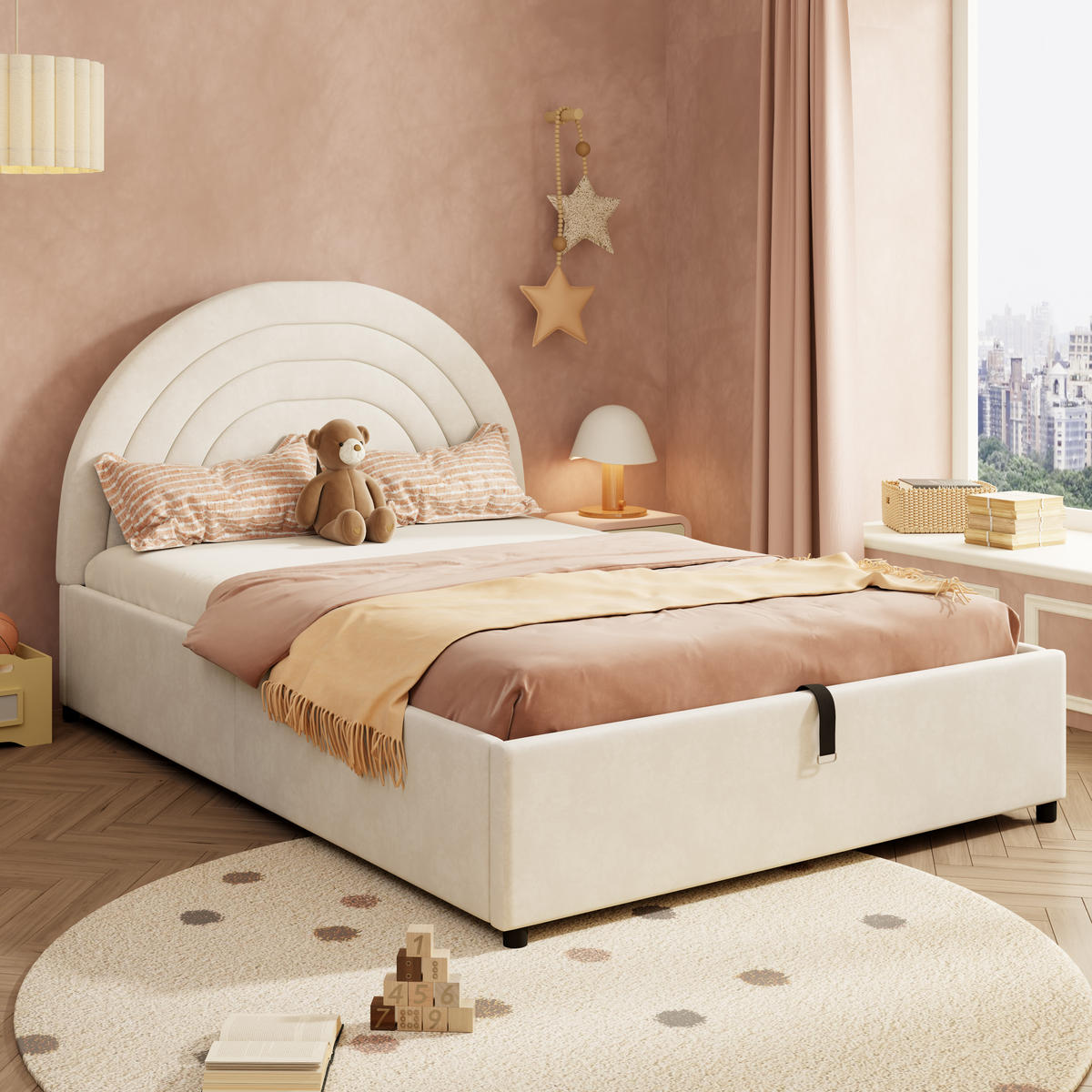POLSTERBETT 140/200 cm in Beige mit Bettkasten Samt Kinderbett - Beige, Holzwerkstoff/Textil (140/200cm) - STILVORA