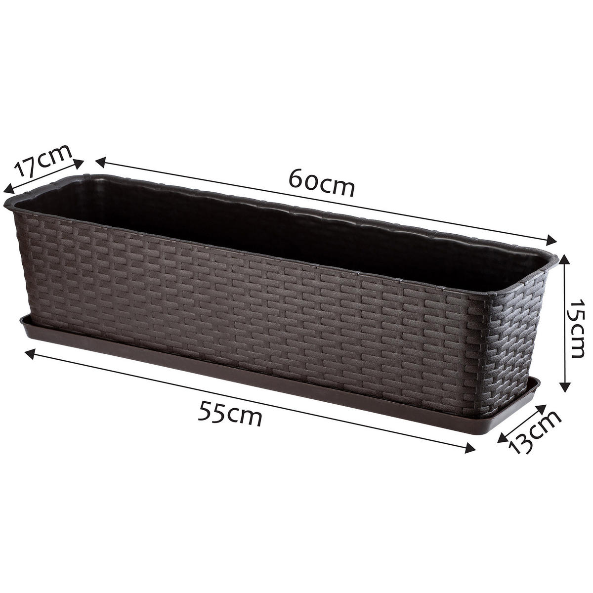 BALKONKASTEN mit Untersetzer 60 cm, Braun - Braun, Kunststoff (17/60cm) - KADAX