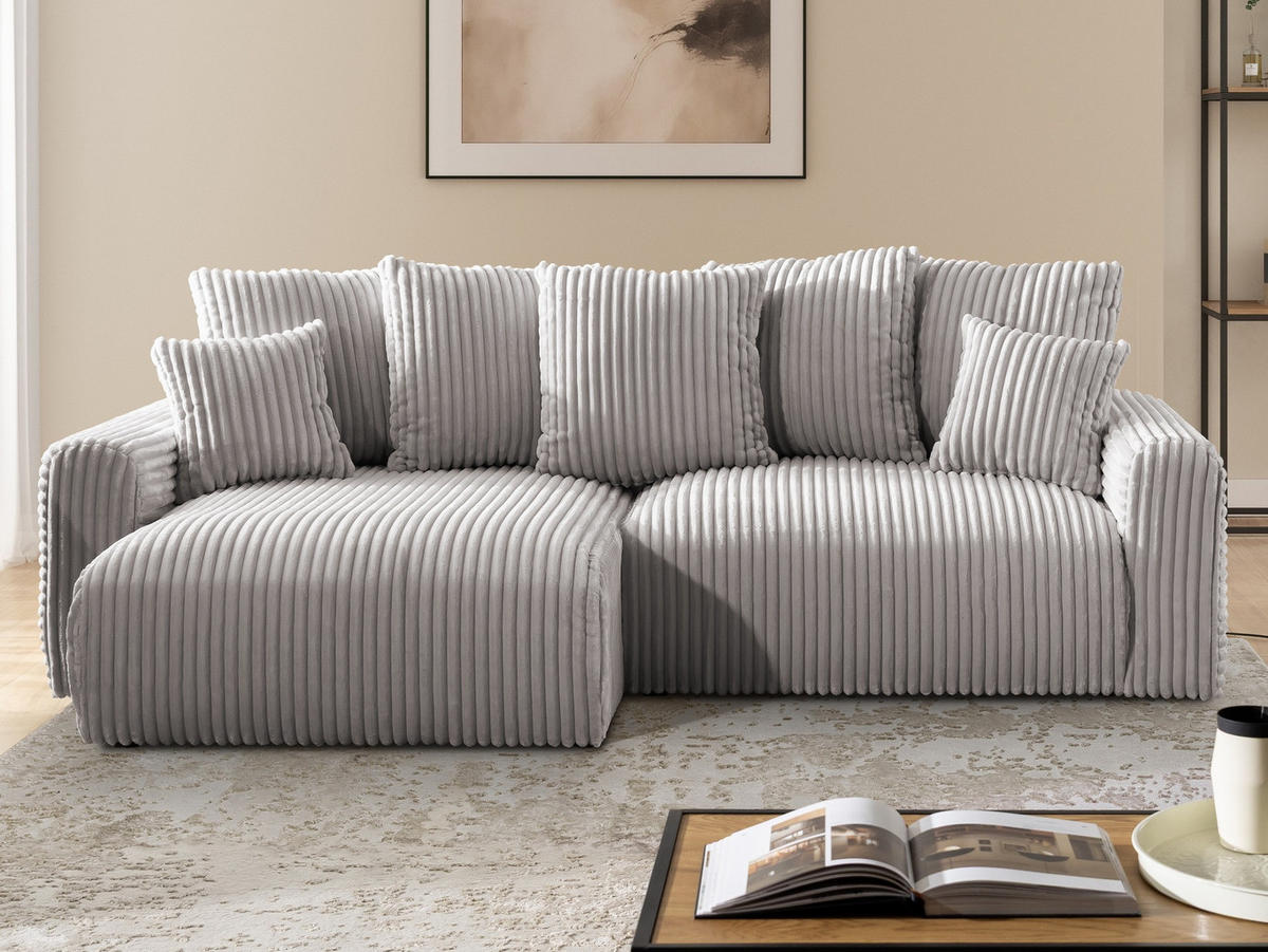ECKSOFA Calma mit Schlaffunktion und Bettkasten im Bumpy-Design aus weichem Hellgrau Plüschcord - Ottomane links - Hellgrau/Schwarz, Holz/Kunststoff (239/140cm) - S-Style