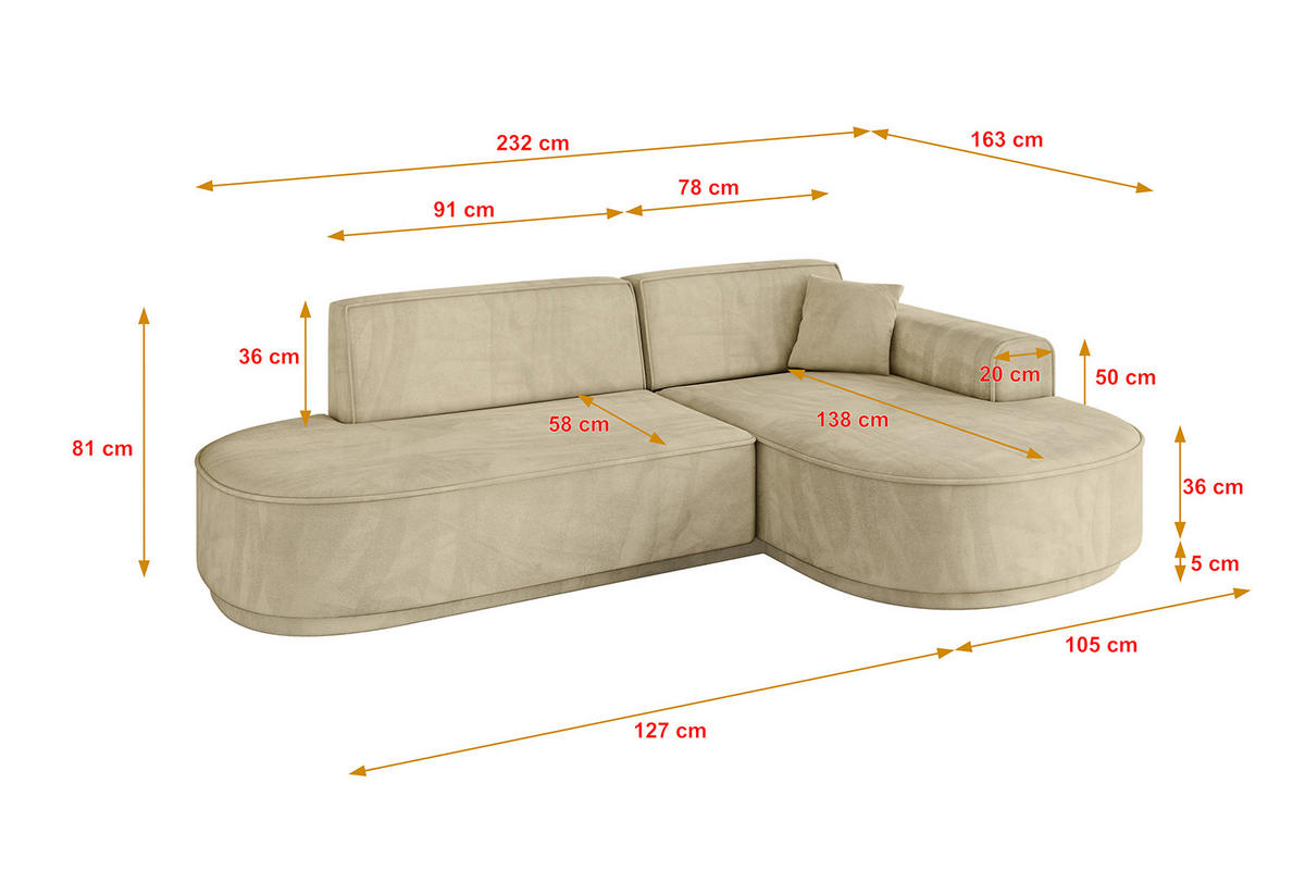 ECKSOFA Ottomane Rechts MARI-L1-v3 - 232x163x81 cm Beige Velours - Beige/Schwarz, Holzwerkstoff/Kunststoff (232/163cm) - ALTDECOR