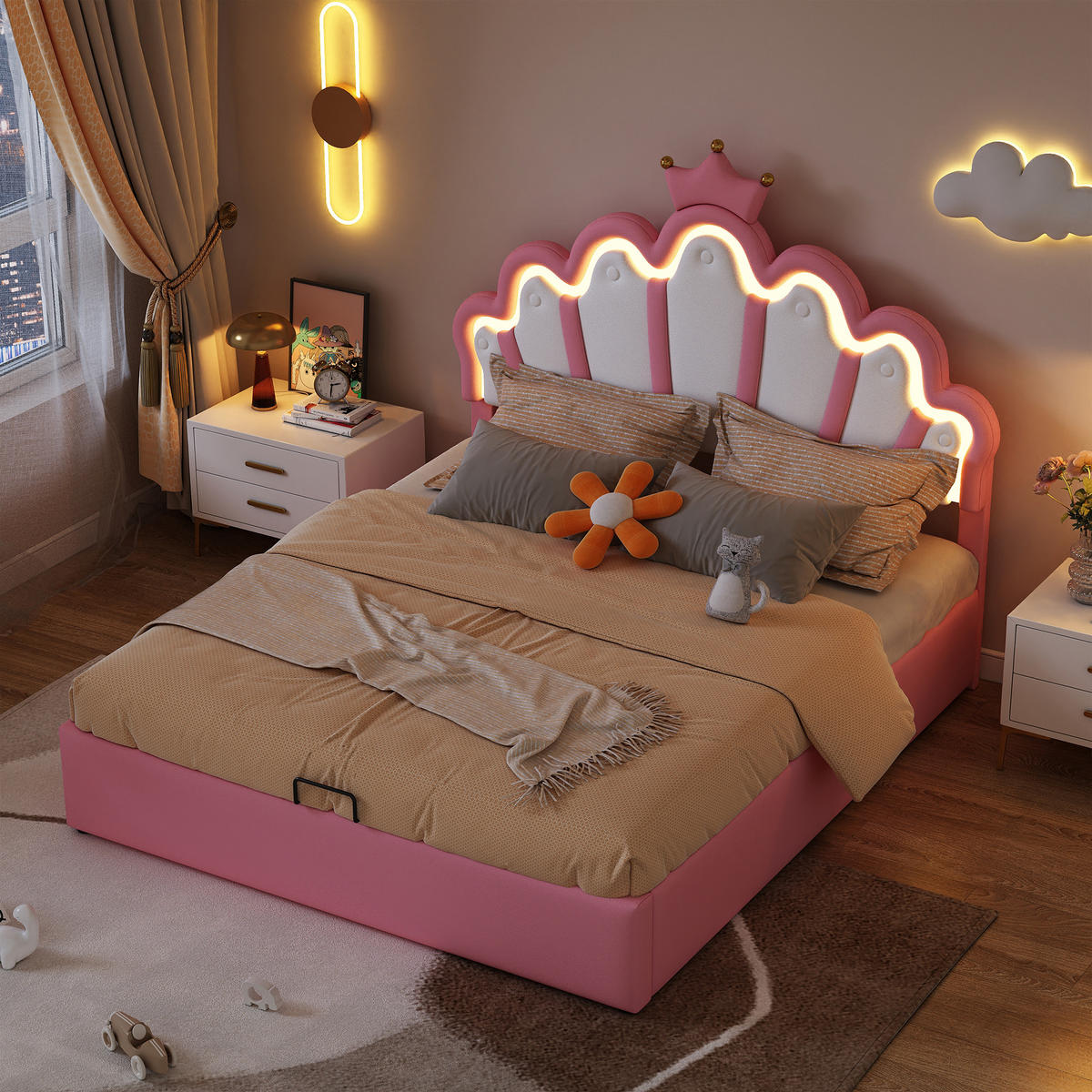 FLACHBETT 140x200cm Rosa Polsterbett Prinzessinnenbett LED Kronenleiste - Pink, Holz (140/200cm) - FLIEKS