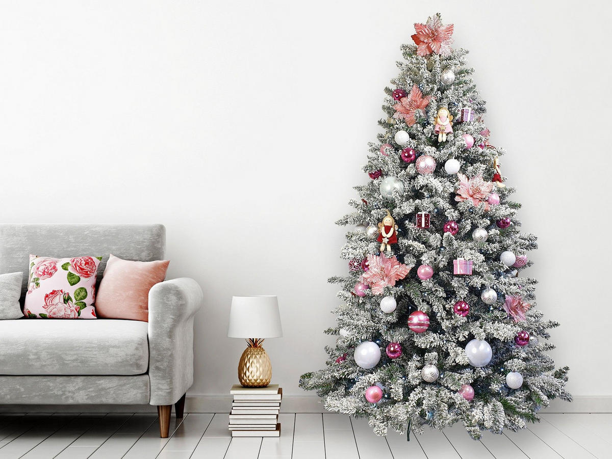 LAALU WEIHNACHTSBAUM geschmückt künstlich mit 165 Ornamenten PRINZESSIN MARIA 240 cm Baum mit Ständer und Weihnachtsornamenten - Weiß/Rosa, Kunststoff (240cm) - LAALU