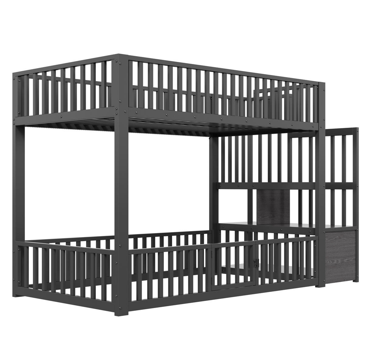 ETAGENBETT 90/200 cm mit LED-Beleuchtung, Stauraumleiter und Schutzgitter, Metall & MDF, Schwarz - Schwarz, Holzwerkstoff (90/200cm) - Redom